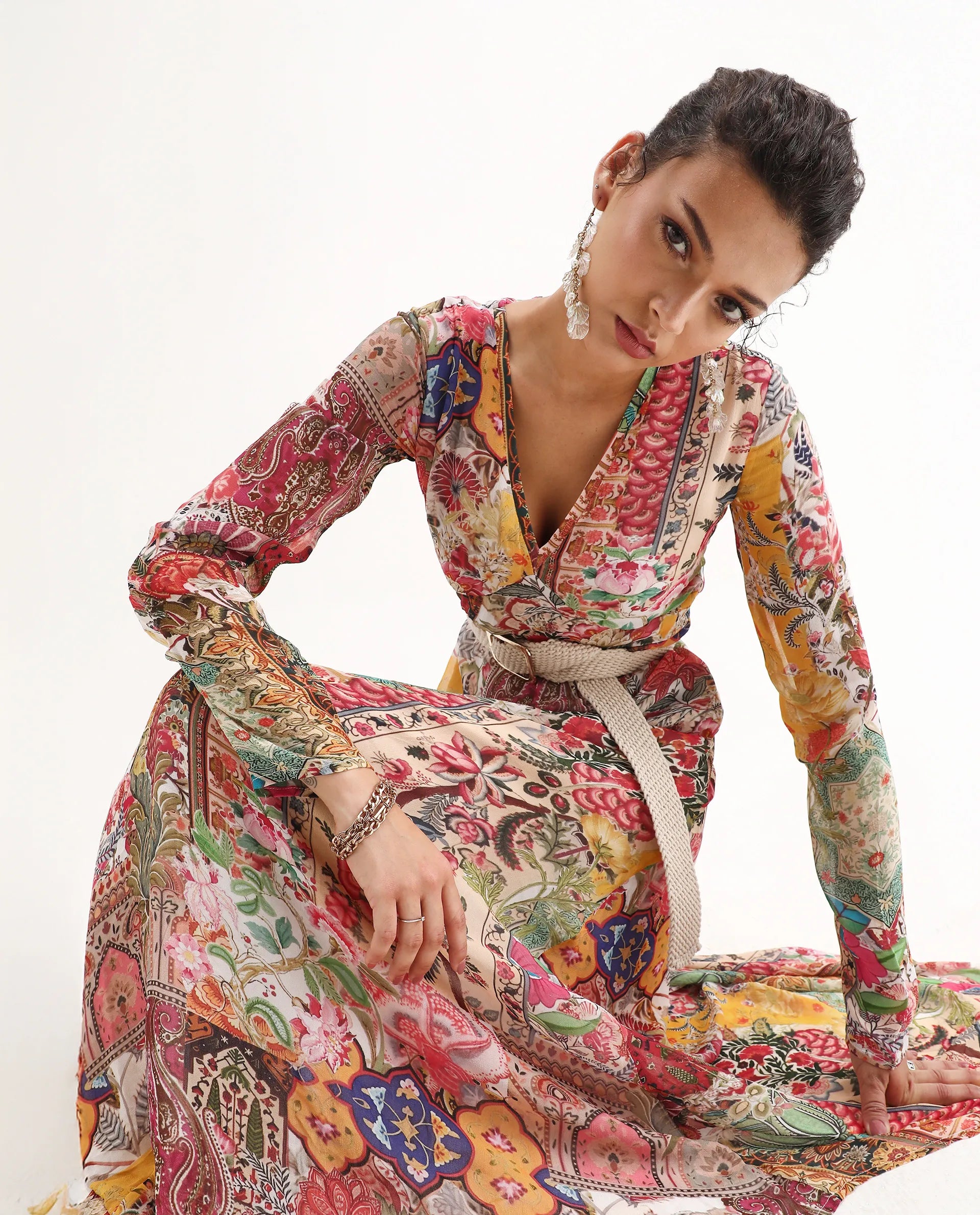 Rareism Women's Avirin Multi Viscose V-Neck Fit And Flare Abstract Print Dress