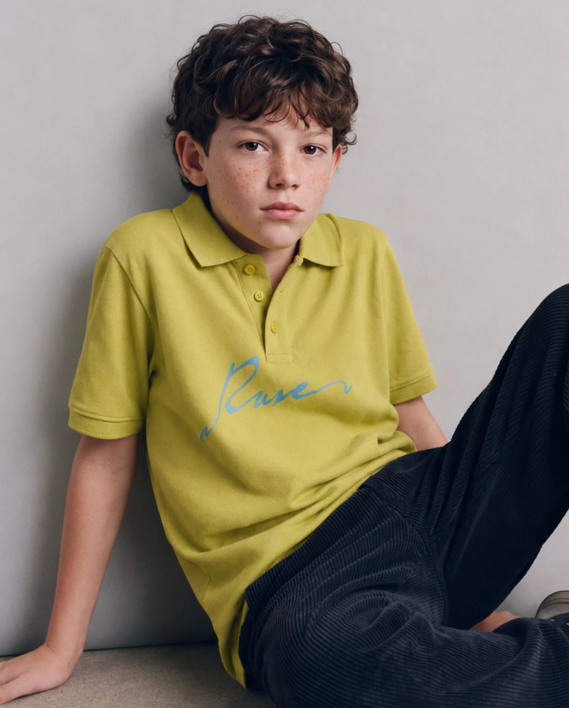 Rare Ones Kids Aviro Fluorescent Yellow Cotton Blend Fabric Button Closure Regular Fit Graphic Print Polo