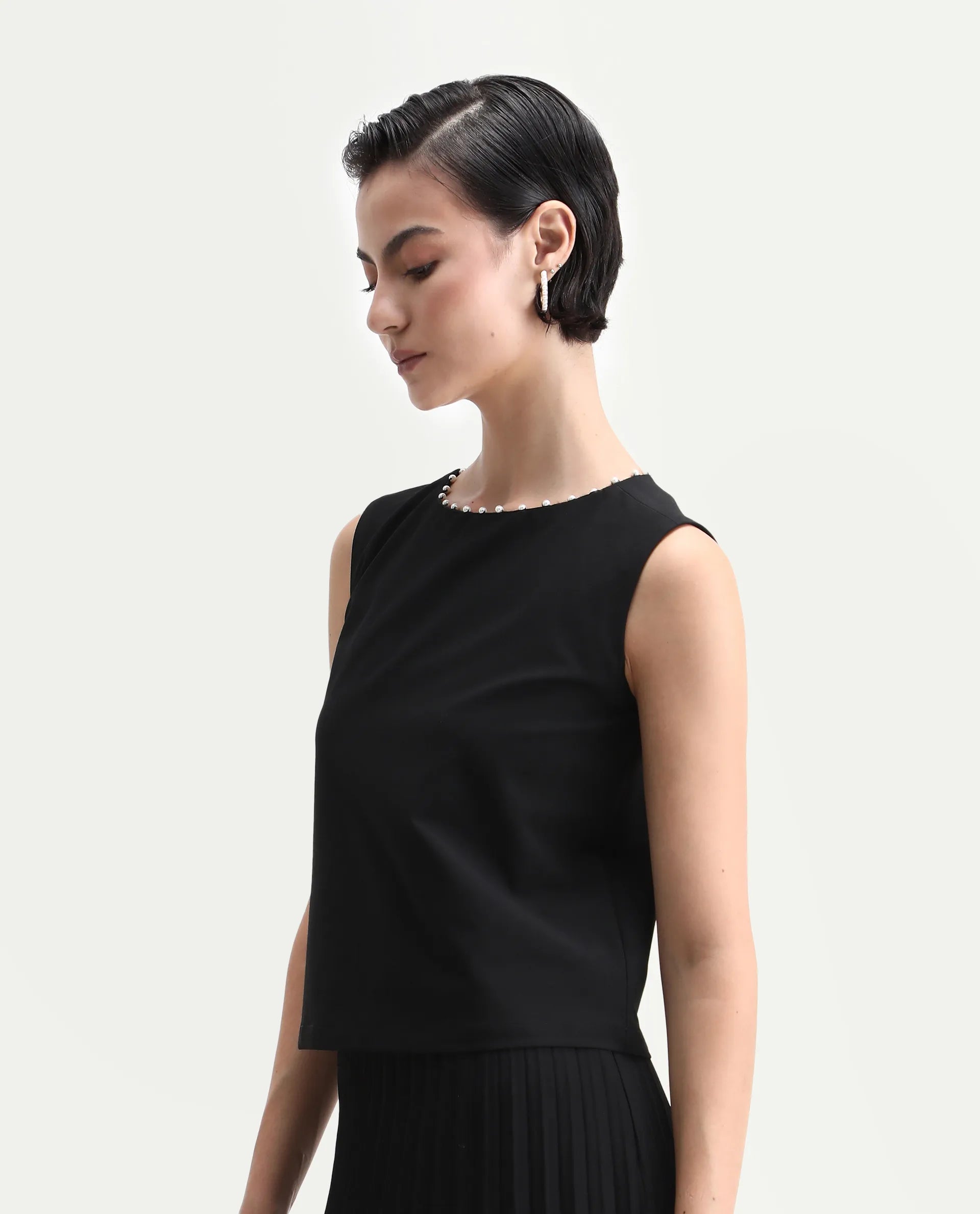 Rareism Women's Avisa Black Polyester Blend Boat Neck Boxy Fit Plain Top