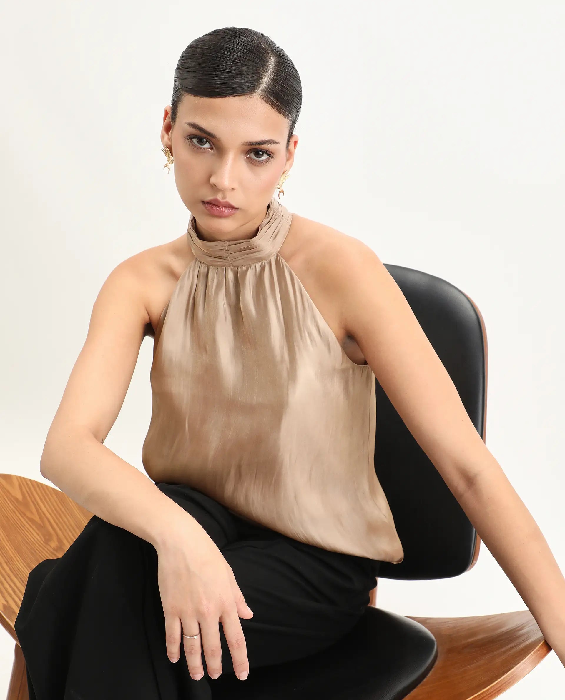 Rareism Women's Avisna Metalic Gold Polyester Halter Neck Regular Fit Plain Top