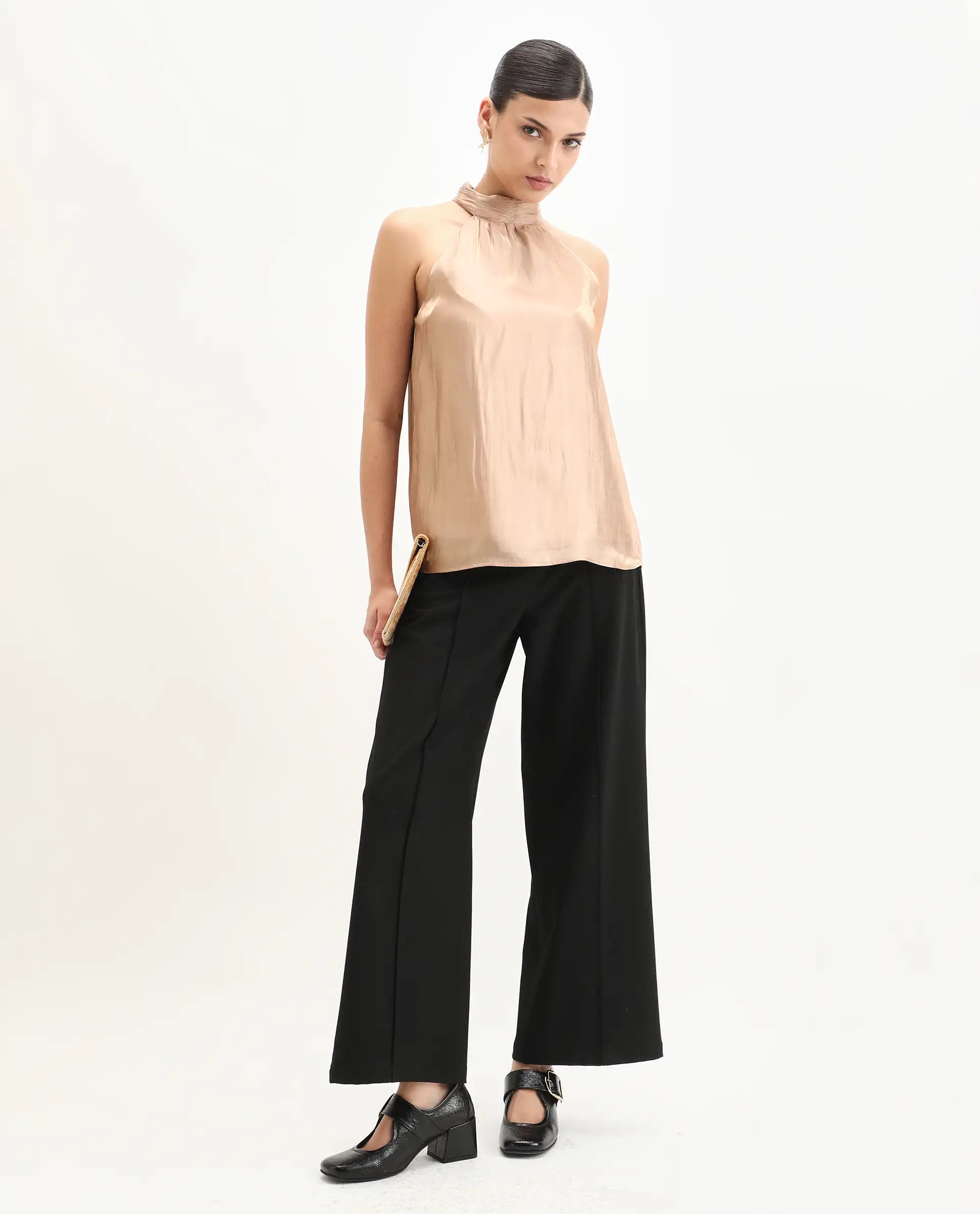 Rareism Women's Avisna Metalic Gold Polyester Halter Neck Regular Fit Plain Top