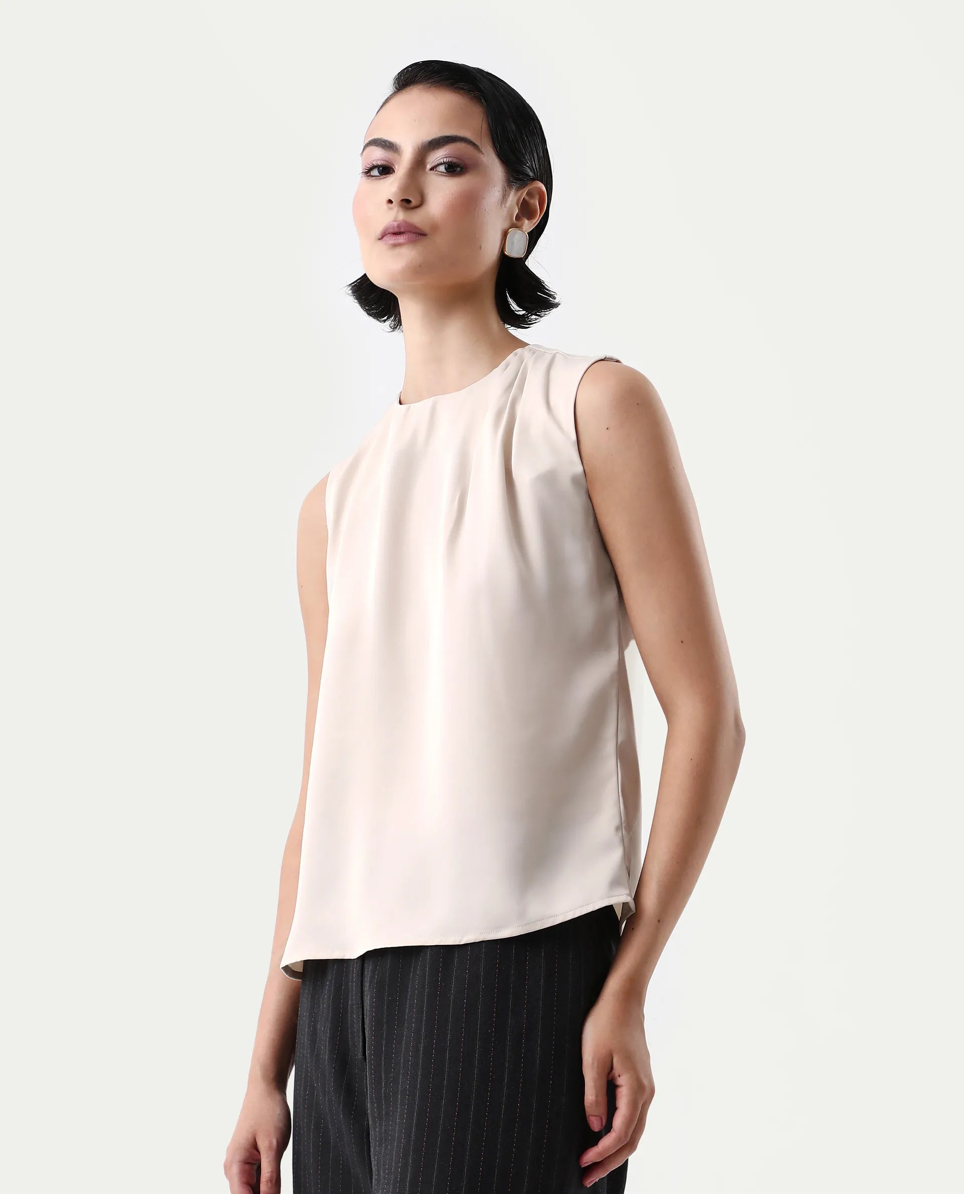 Rareism Women's Aviso Beige Polyester Round Neck Regular Fit Plain Top