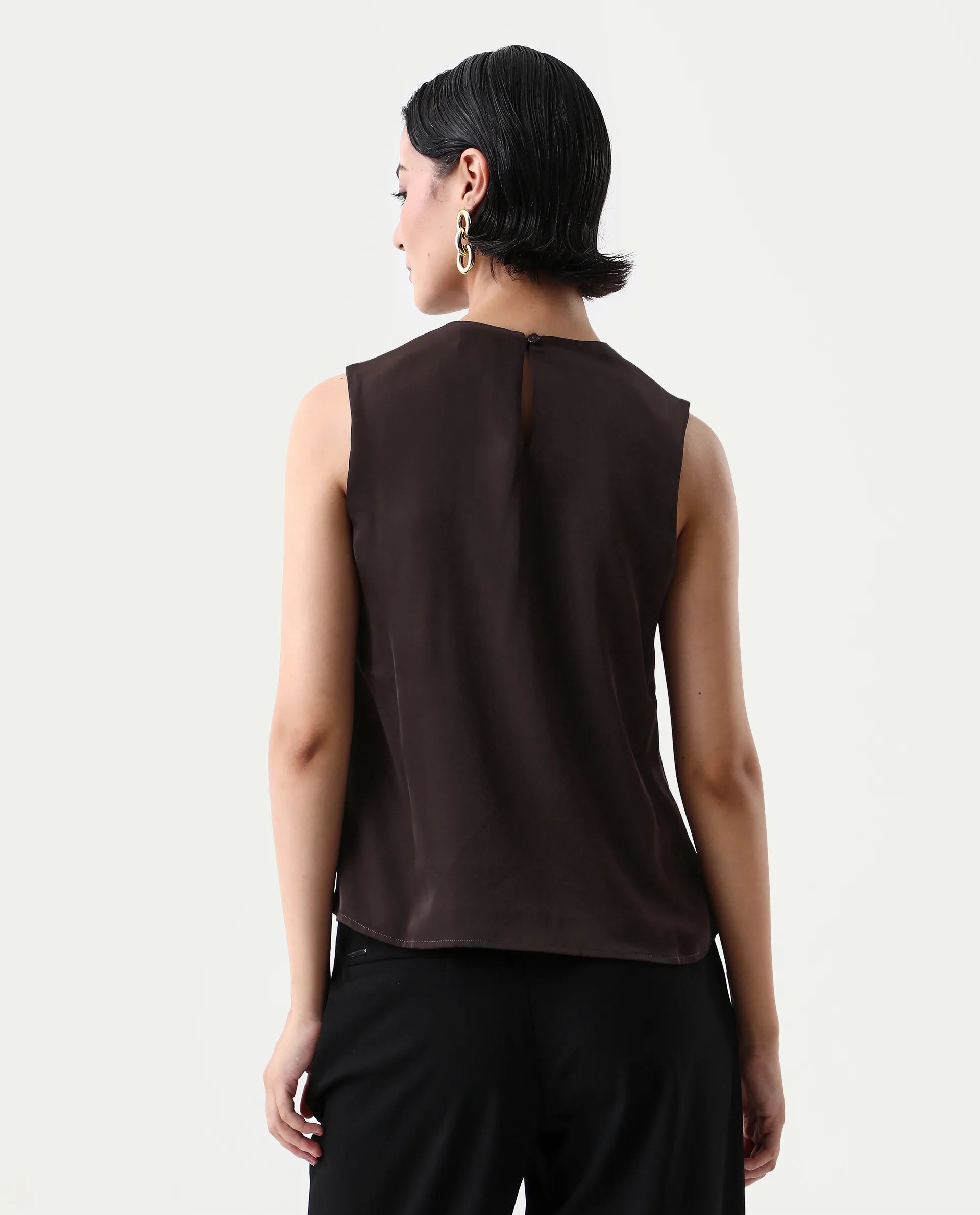Rareism Women's Aviso Brown Polyester Round Neck Regular Fit Plain Top