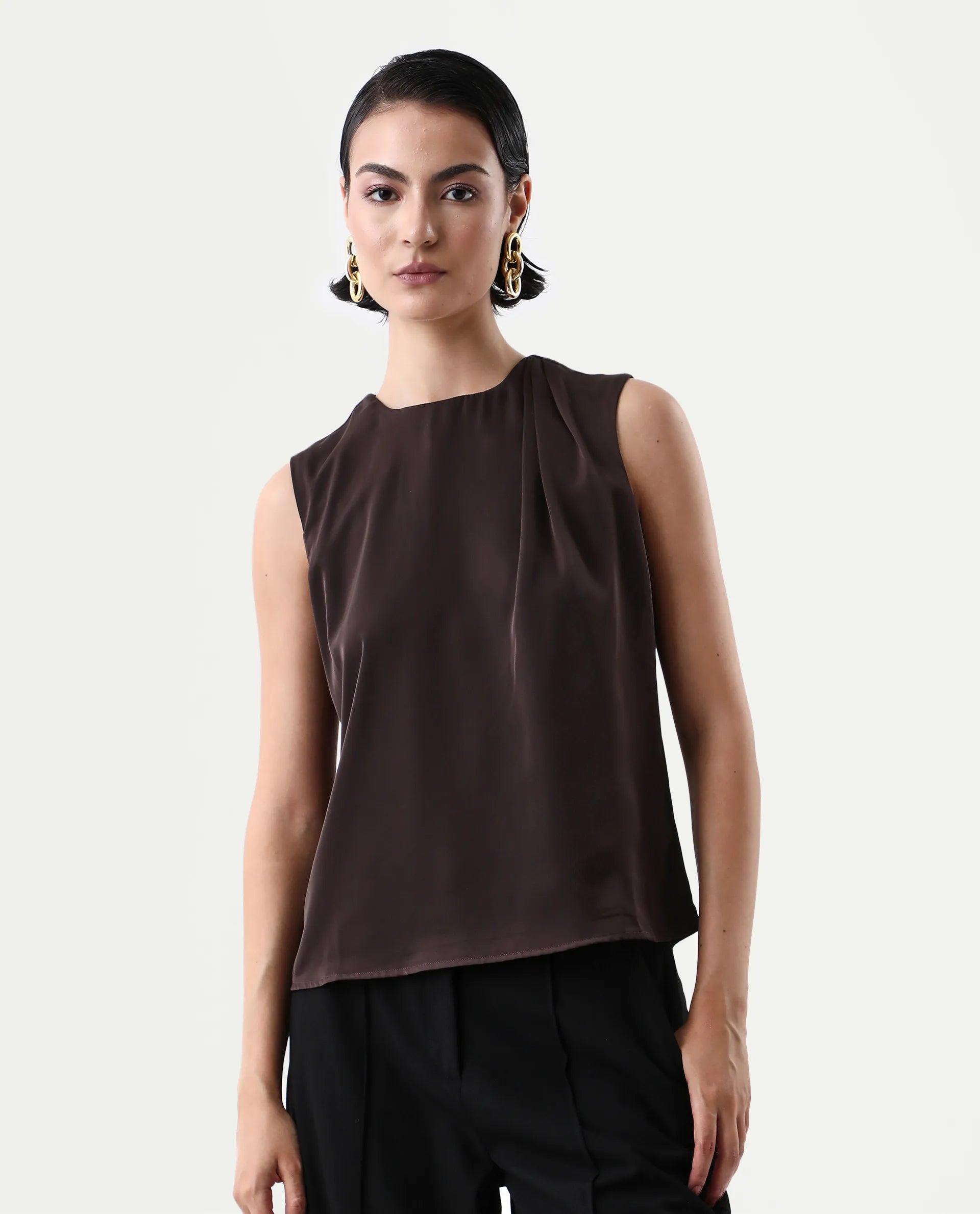 Rareism Women's Aviso Brown Polyester Round Neck Regular Fit Plain Top