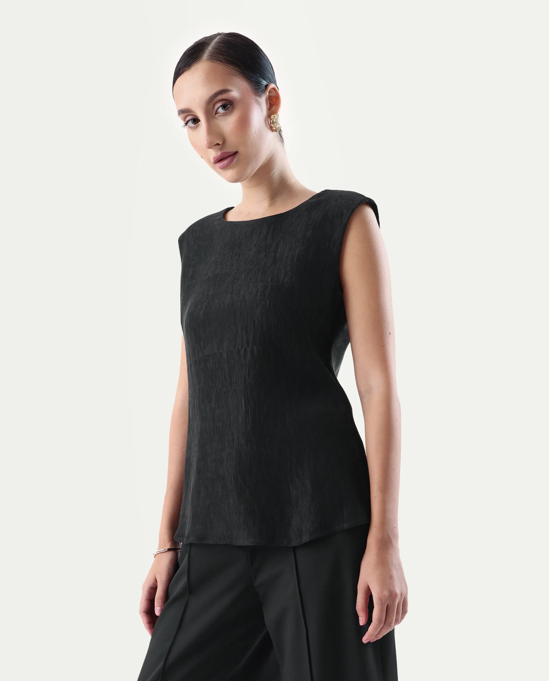 Rareism Women's Avisyn Black Nylon Blend Crew Neck Regular Fit Plain Top