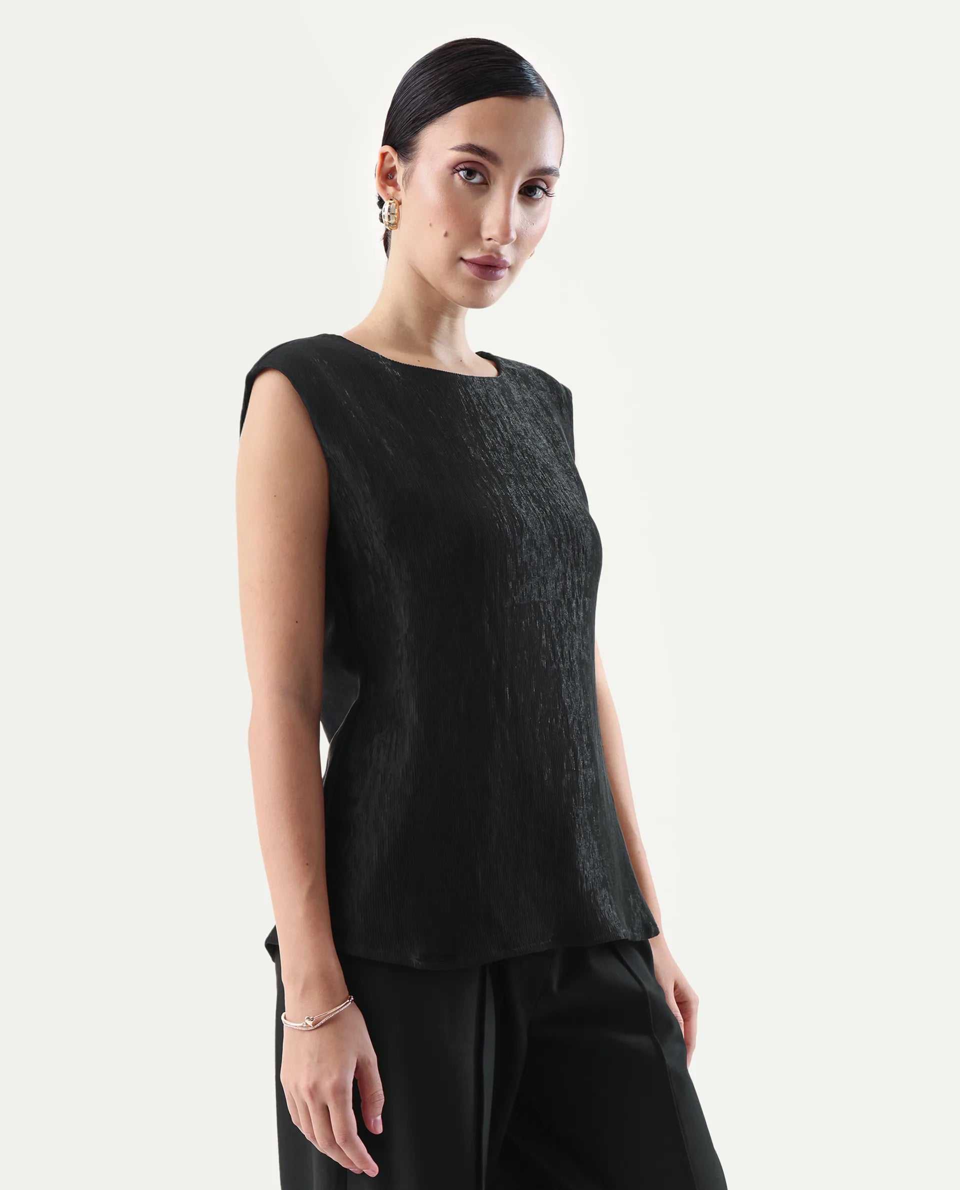 Rareism Women's Avisyn Black Nylon Blend Crew Neck Regular Fit Plain Top