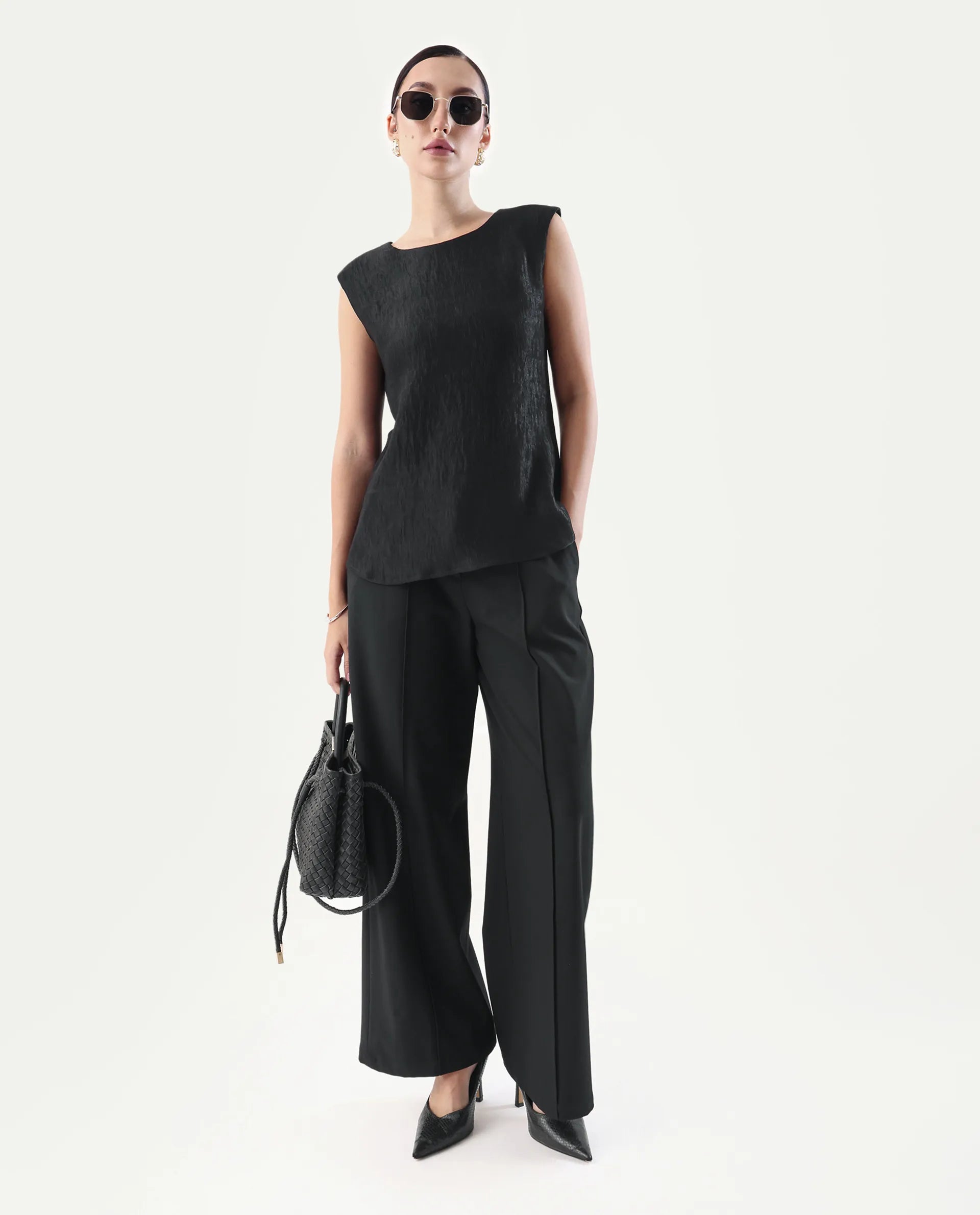 Rareism Women's Avisyn Black Nylon Blend Crew Neck Regular Fit Plain Top