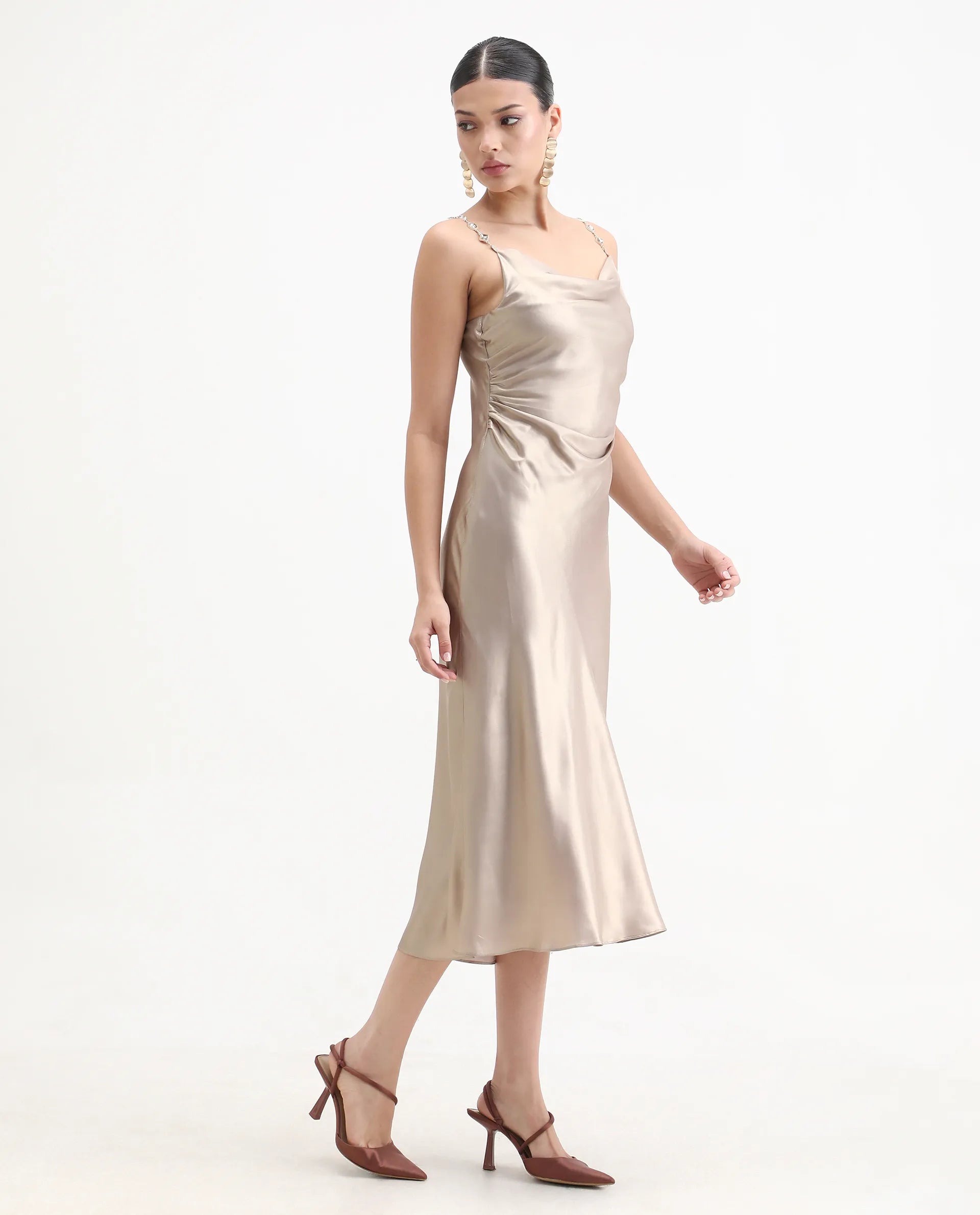 Rareism Women's Avita Beige Polyester Shoulder Straps Fit And Flare Plain Dress