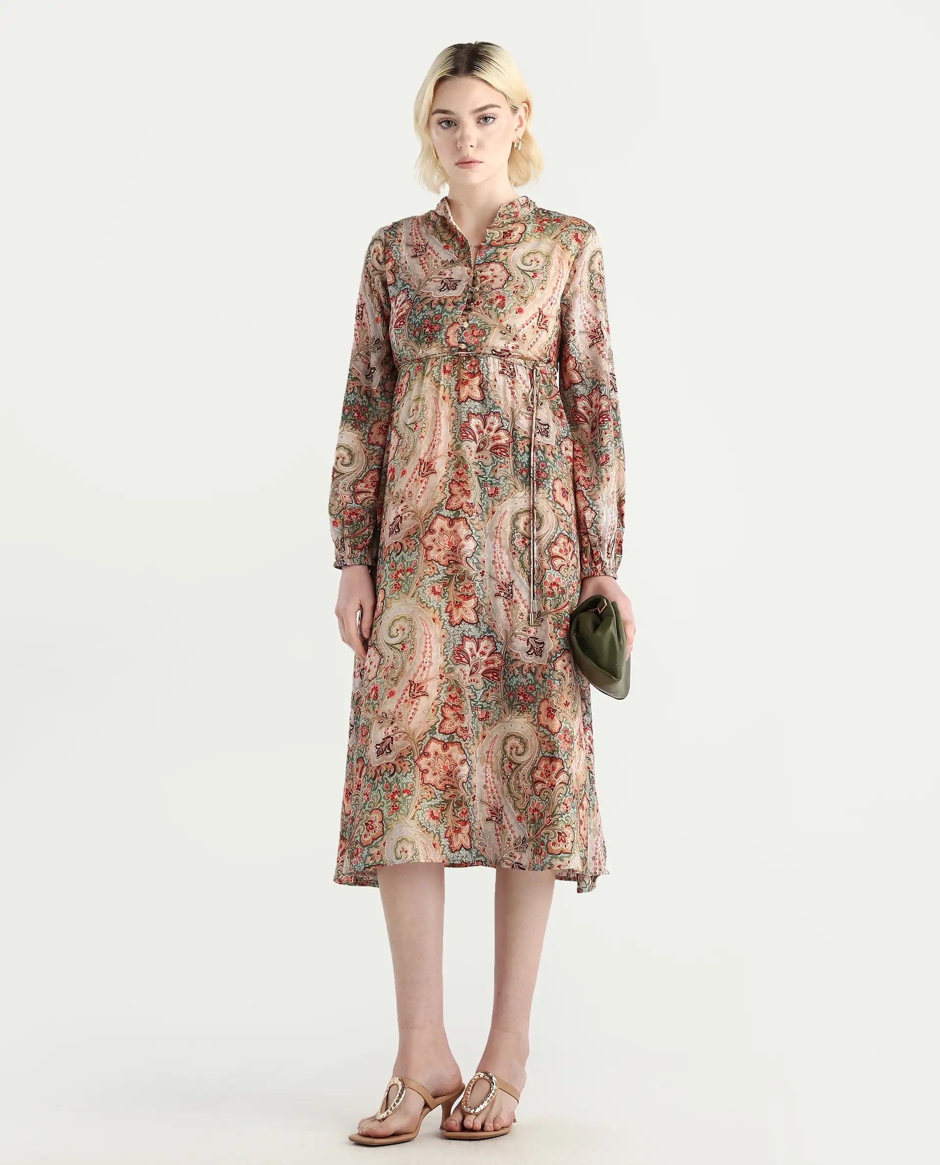 Rareism Women's Aviura Olive 100% Modal Band Collar Fit And Flare Printed Midi Dress