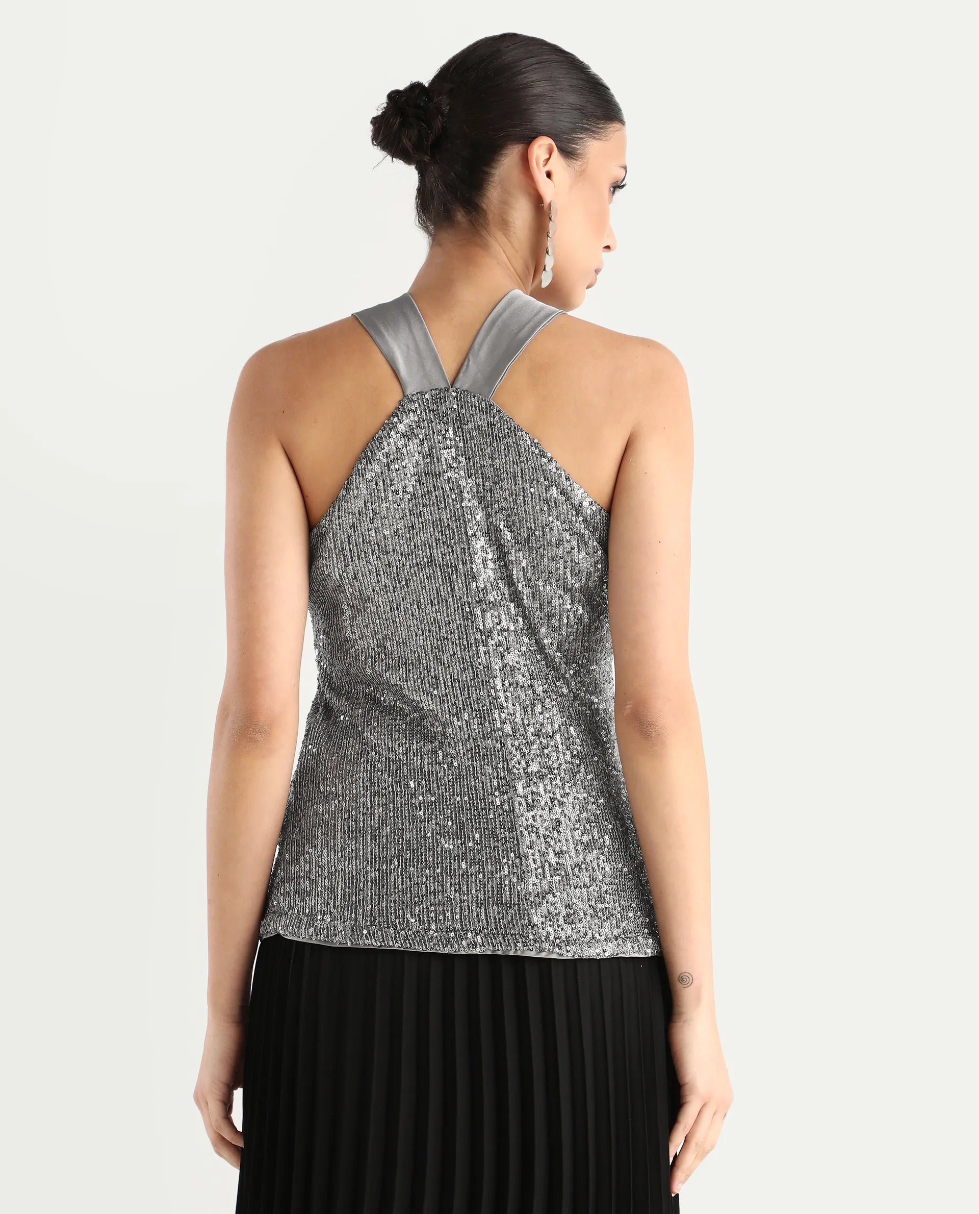 Rareism Women's Aviv Metallic Grey Polyester Halter Neck Sequined Sleeveless Regular Fit Top