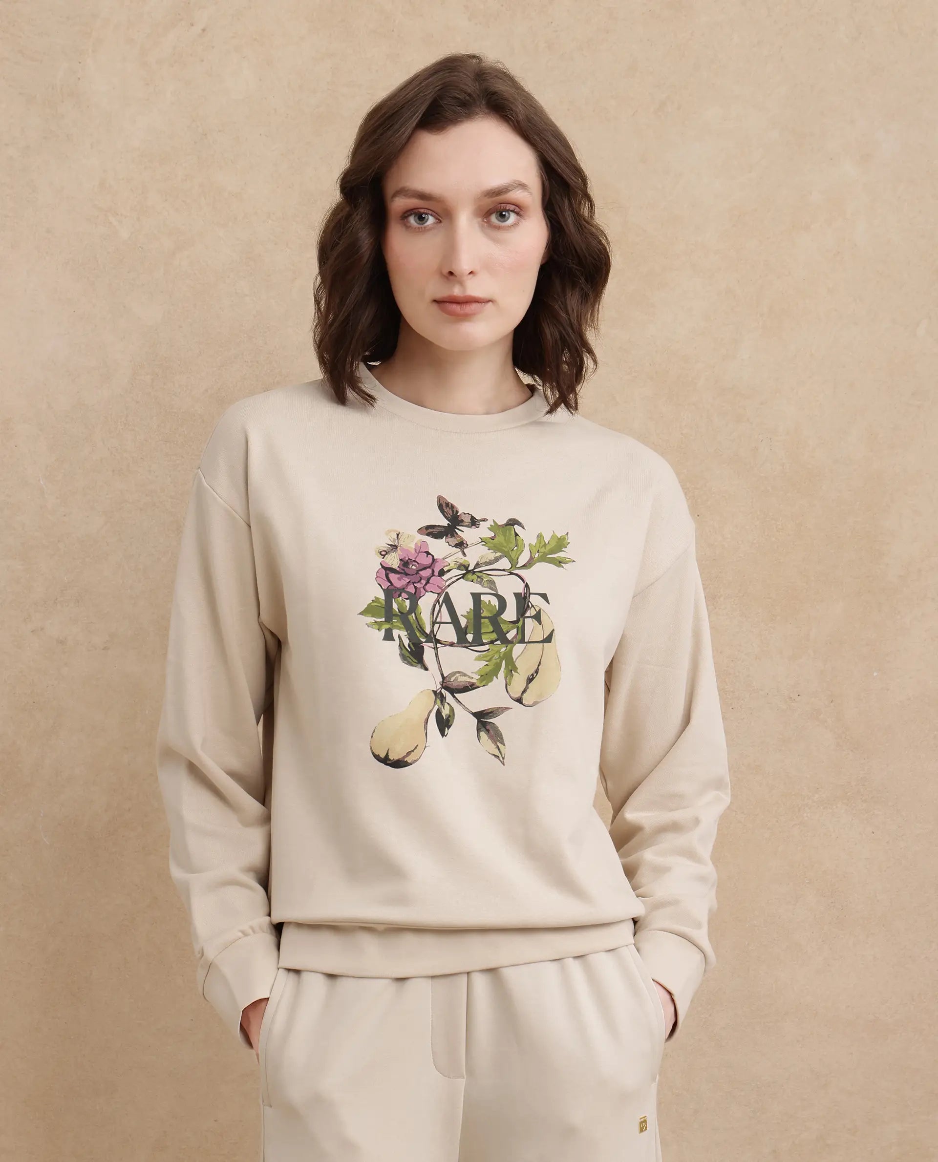 Rareism Women Avoca Beige Cotton Poly Fabric Full Sleeve Crew Neck Regular Fit Floral Print Sweatshirt