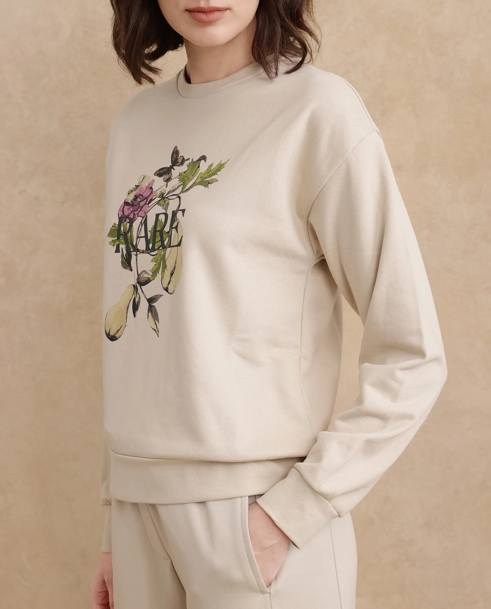 Rareism Women Avoca Beige Cotton Poly Fabric Full Sleeve Crew Neck Regular Fit Floral Print Sweatshirt
