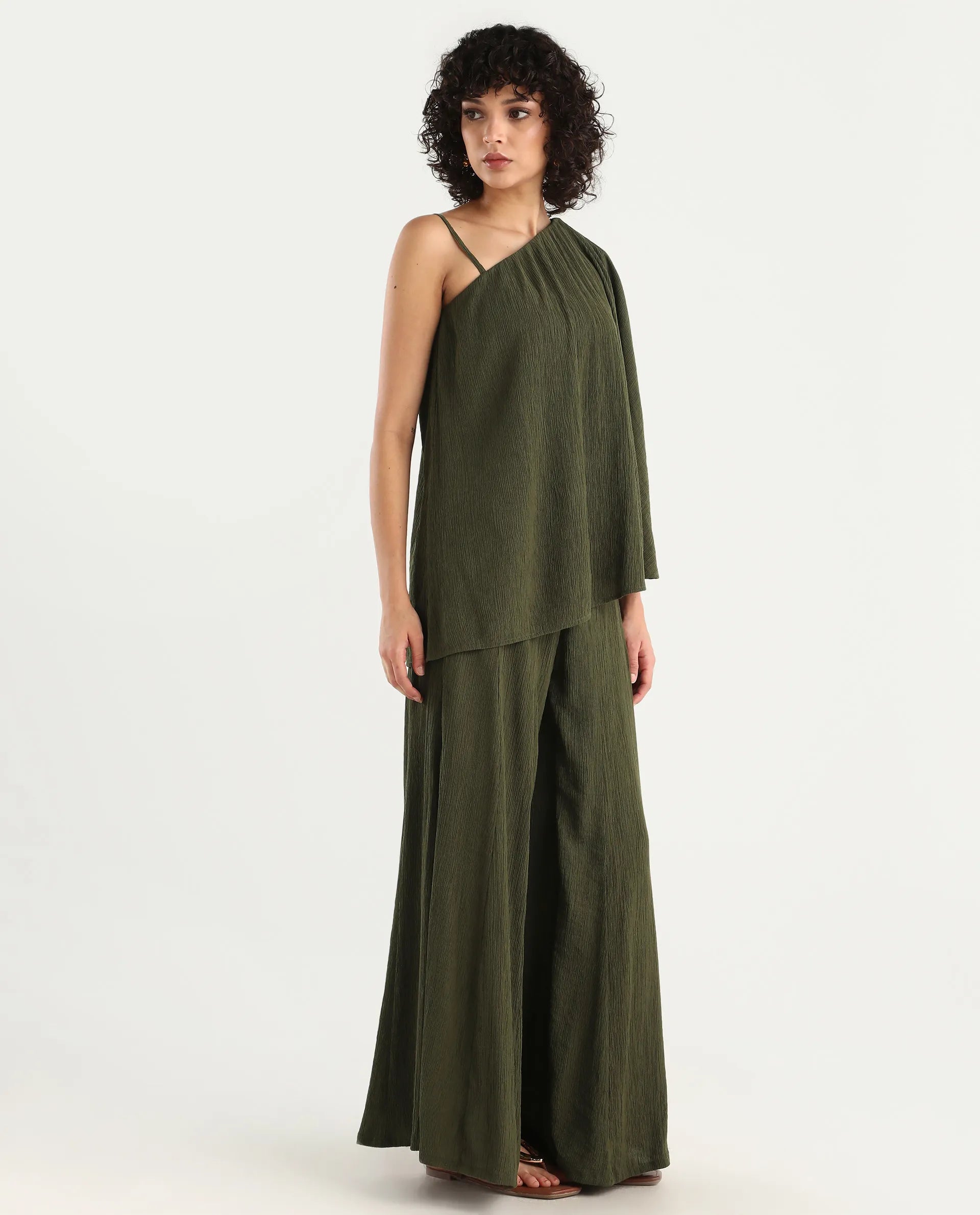 Rareism Women's Aviok-B Olive Nylon Blend Flared Plain Trouser