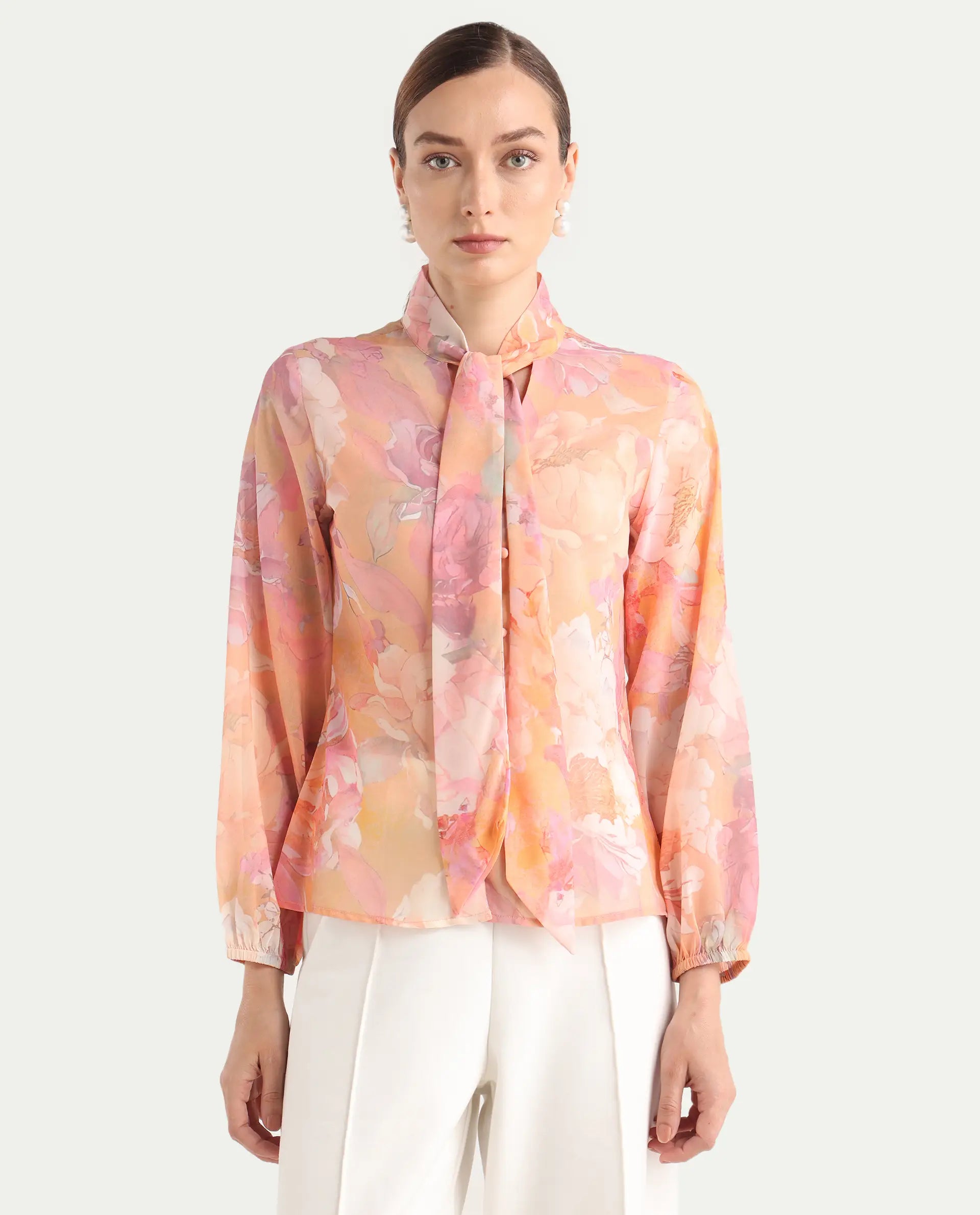 Rareism Women's Avoin Light Multi Polyester Tie-Up Regular Floral Print Top