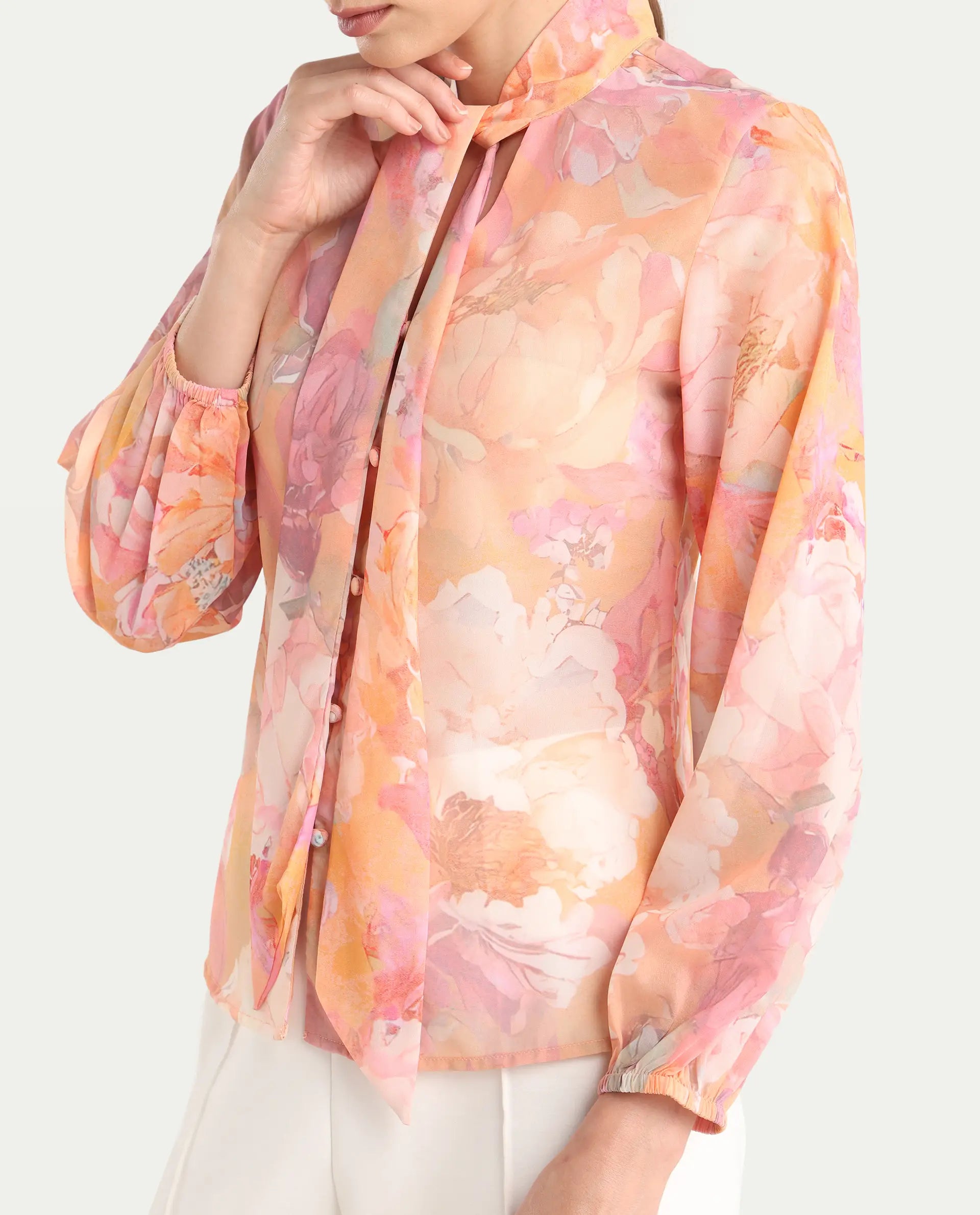 Rareism Women's Avoin Light Multi Polyester Tie-Up Regular Floral Print Top