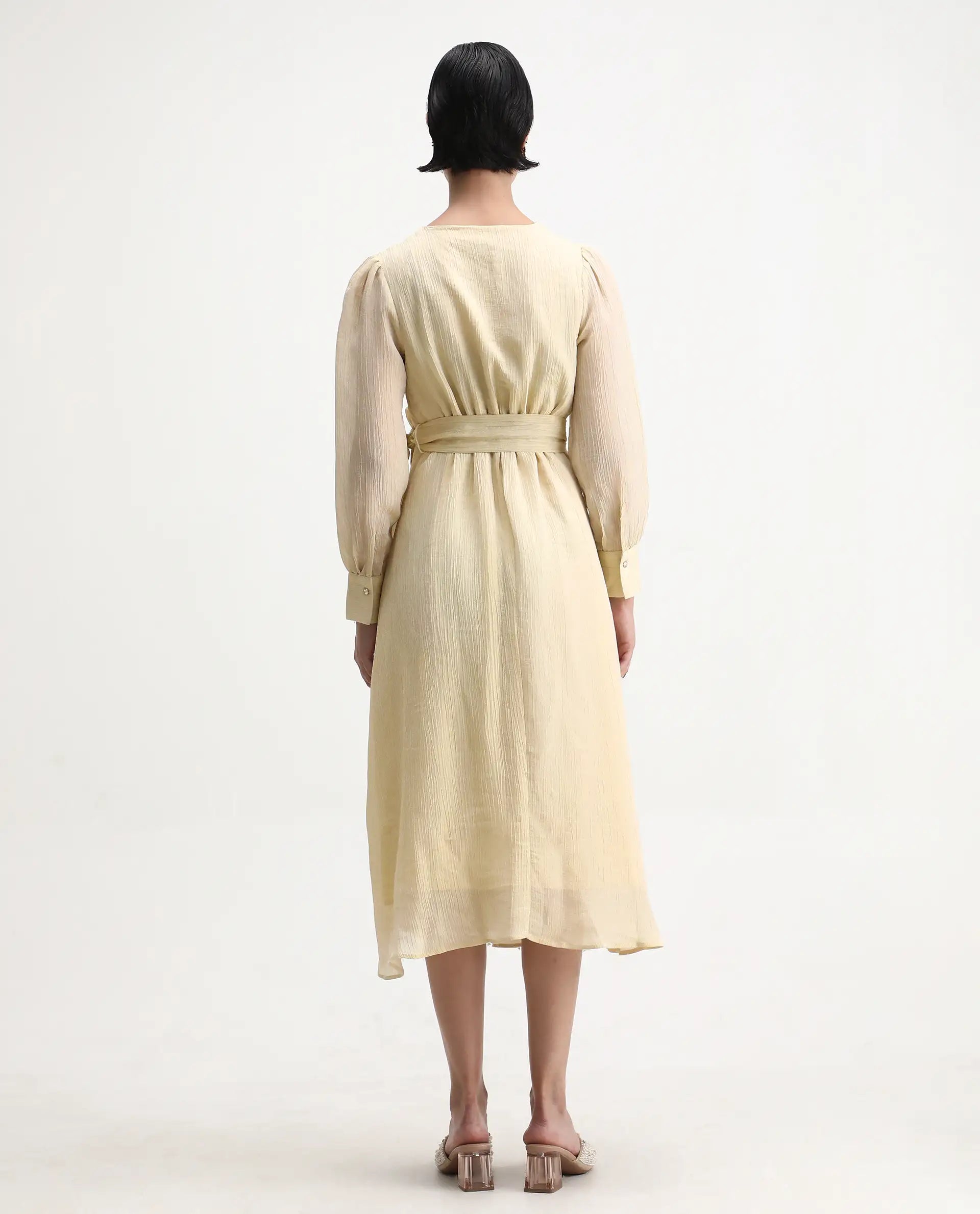 Rareism Women's Avsi Gold Viscose Wrap Neck Fit And Flare Plain Midi Dress