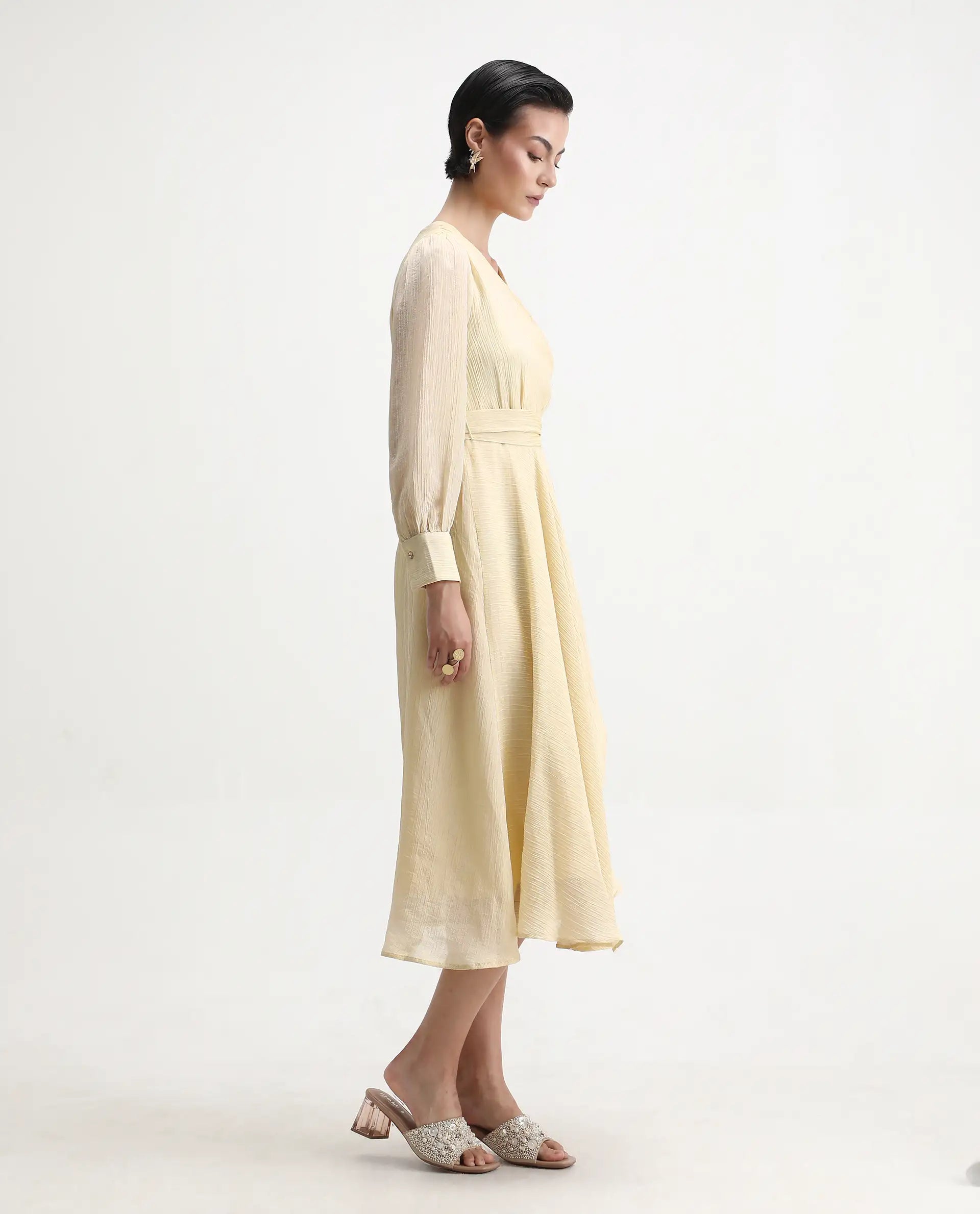 Rareism Women's Avsi Gold Viscose Wrap Neck Fit And Flare Plain Midi Dress