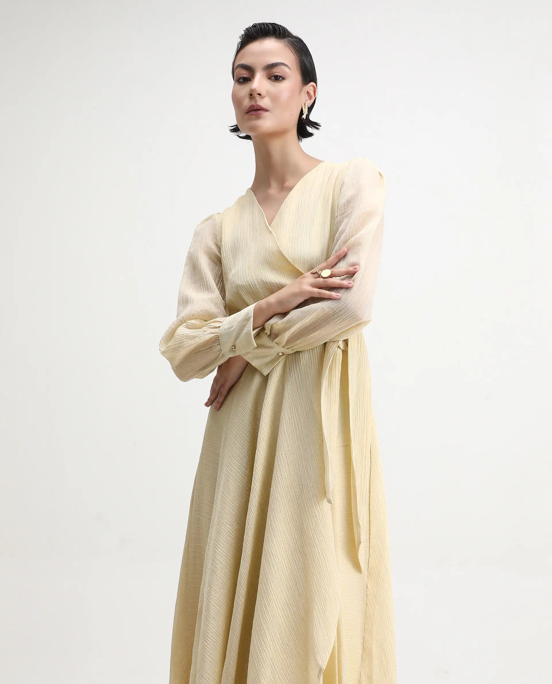 Rareism Women's Avsi Gold Viscose Wrap Neck Fit And Flare Plain Midi Dress