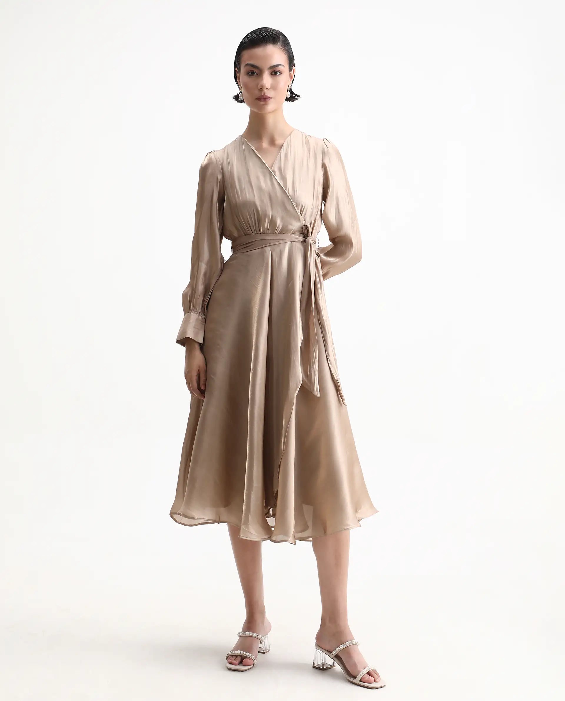 Rareism Women's Avsin Gold Polyester Wrap Neck Fit And Flare Plain Midi Dress