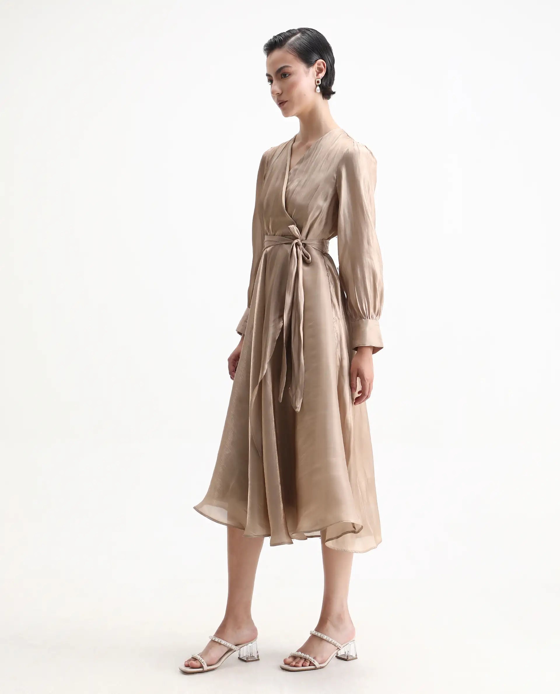 Rareism Women's Avsin Gold Polyester Wrap Neck Fit And Flare Plain Midi Dress