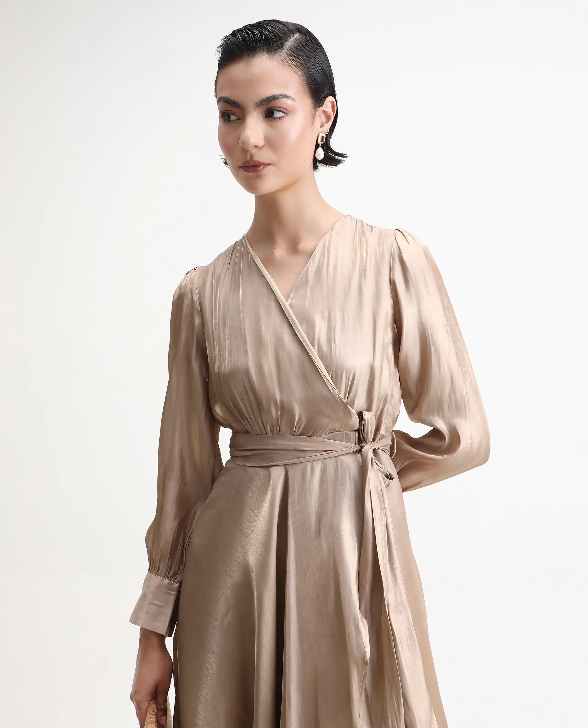 Rareism Women's Avsin Gold Polyester Wrap Neck Fit And Flare Plain Midi Dress