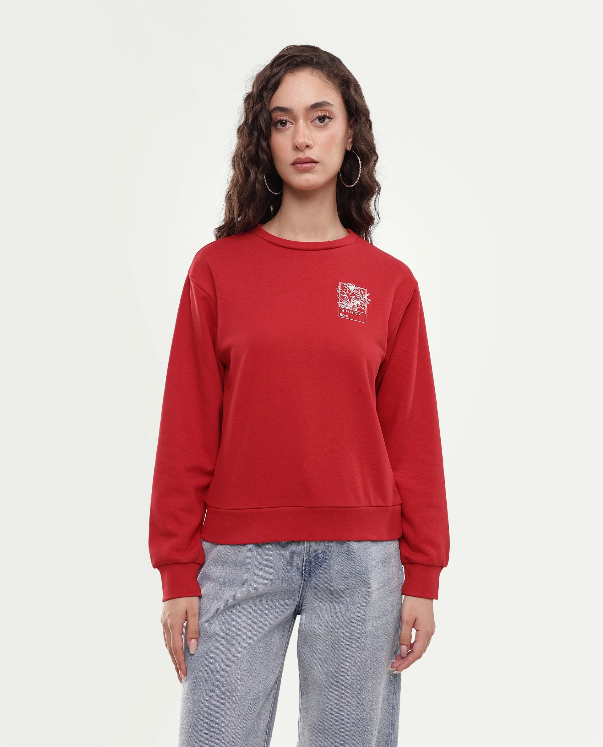Rareism Women's Pluck Red Cotton Blend Pull-On Relaxed Fit Printed Sweatshirt