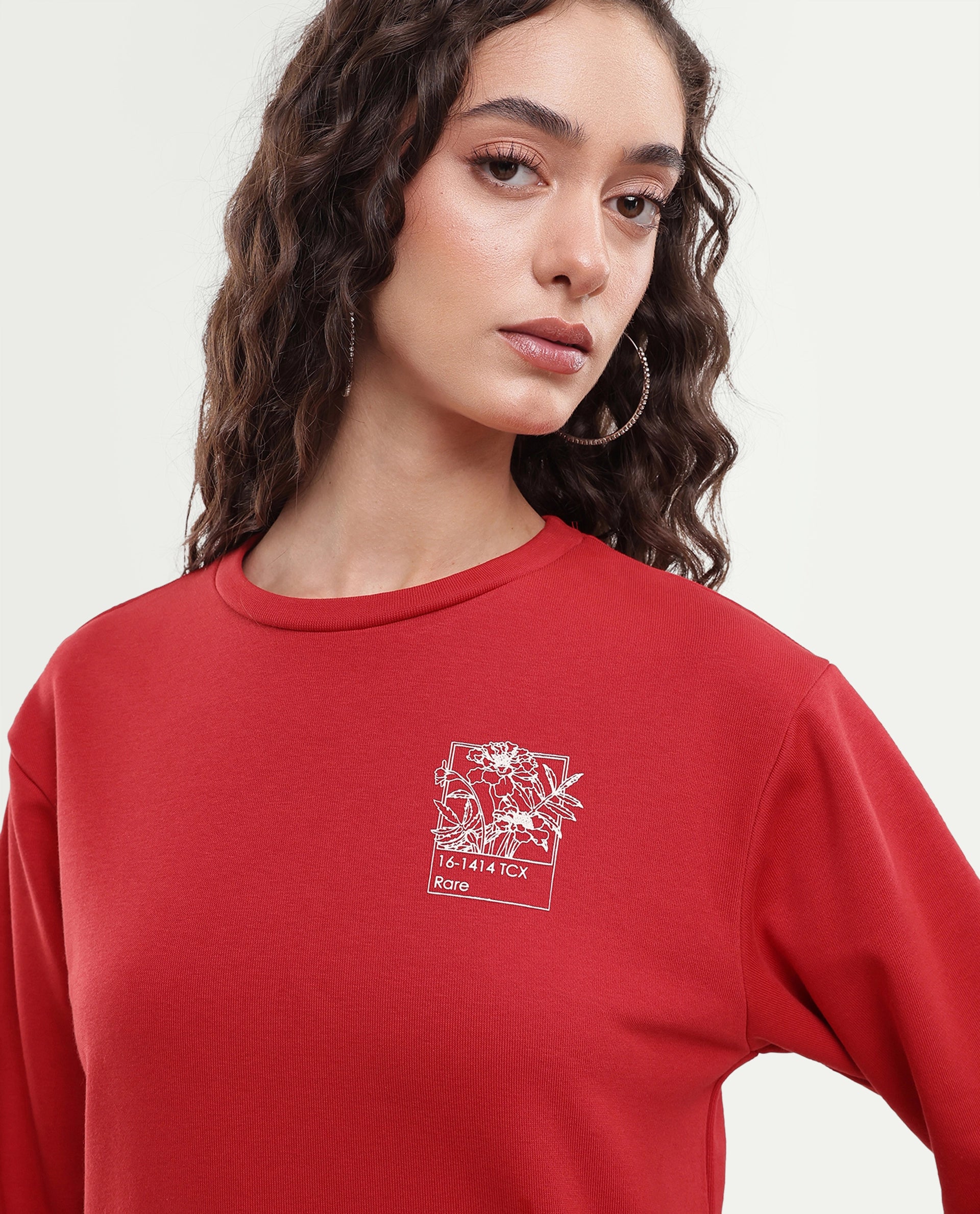 Rareism Women's Pluck Red Cotton Blend Pull-On Relaxed Fit Printed Sweatshirt