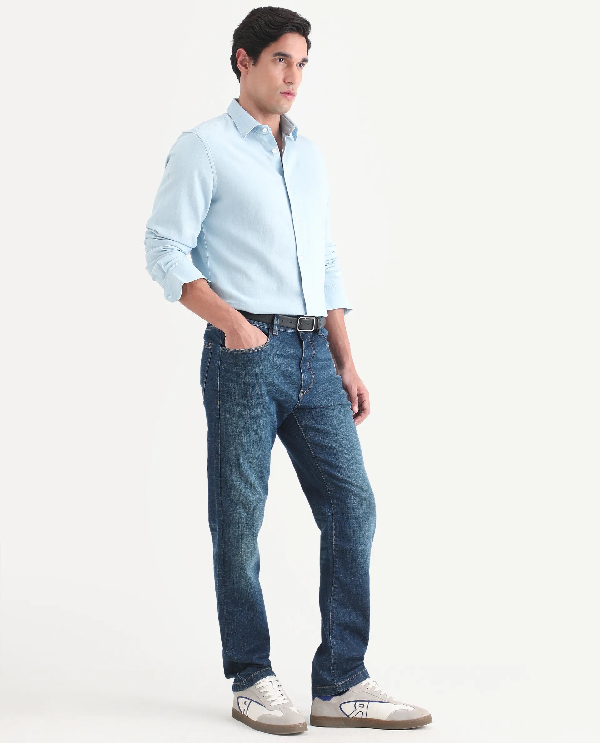 Rare Rabbit Men's Axel M Blue Cotton Blend Morris Regular Fit Plain Jeans