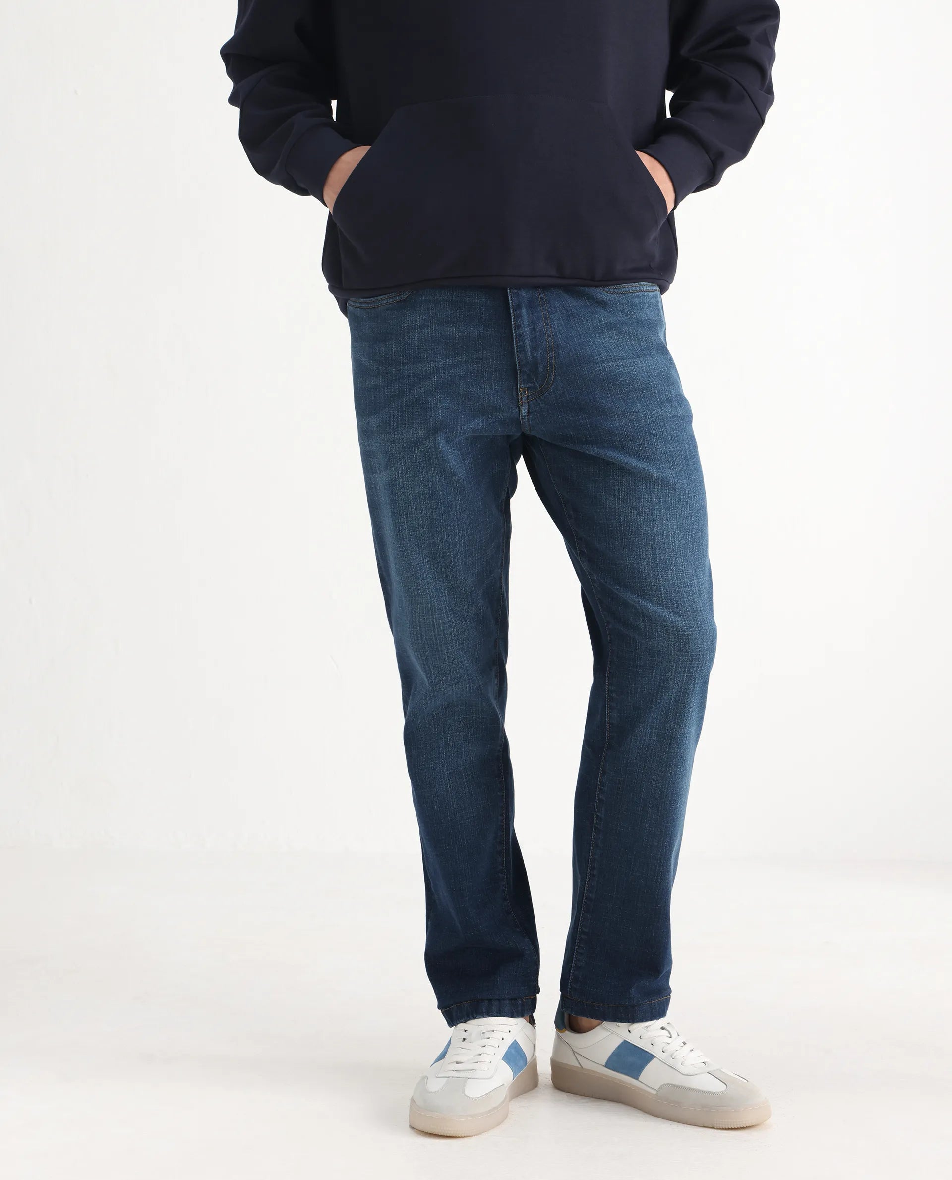 Rare Rabbit Men's Axel Blue Cotton Blend Plain Morris Regular Fit Jeans