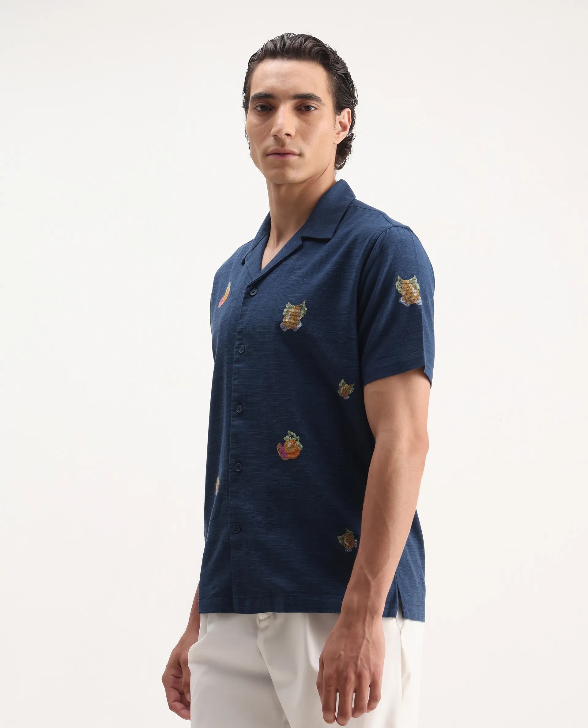 Rare Rabbit Men's Axels Navy Cotton Blend Embroidered Relaxed Fit Half Sleeve Cuban Collar Shirt