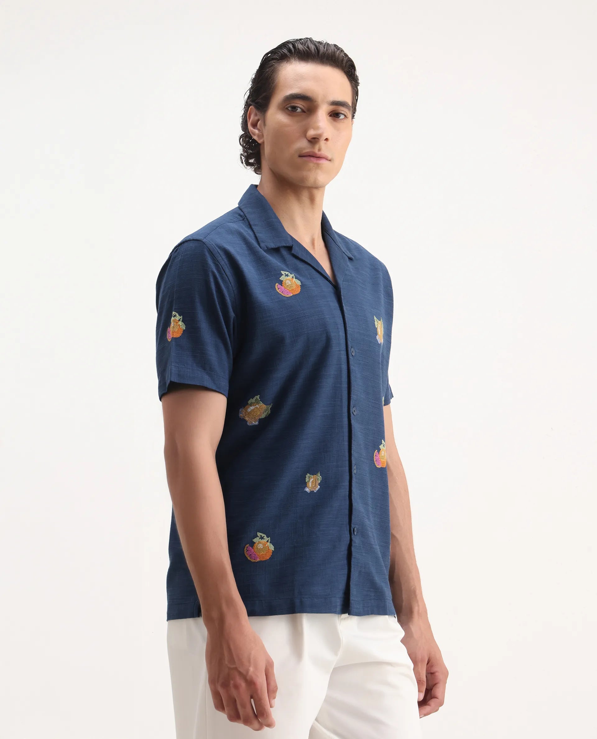 Rare Rabbit Men's Axels Navy Cotton Blend Embroidered Relaxed Fit Half Sleeve Cuban Collar Shirt