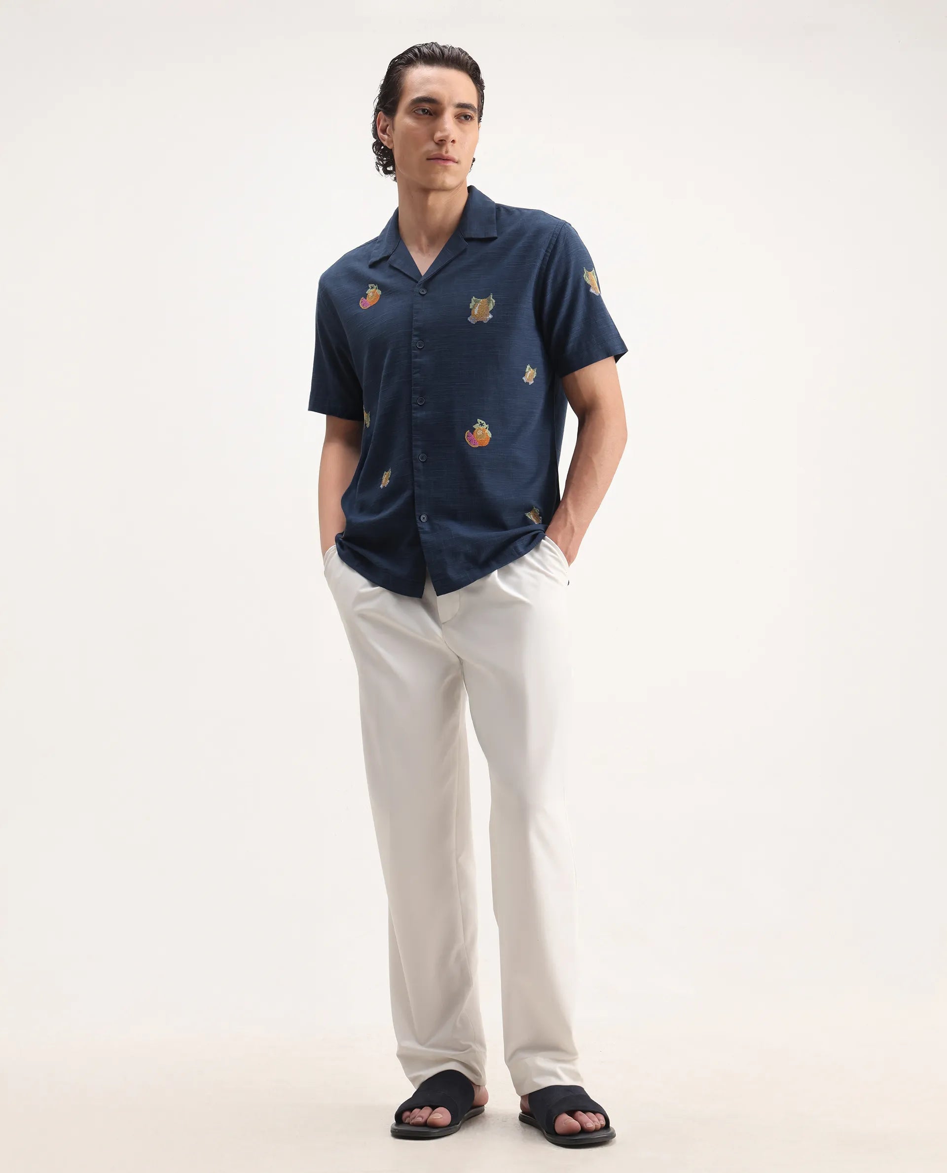 Rare Rabbit Men's Axels Navy Cotton Blend Embroidered Relaxed Fit Half Sleeve Cuban Collar Shirt