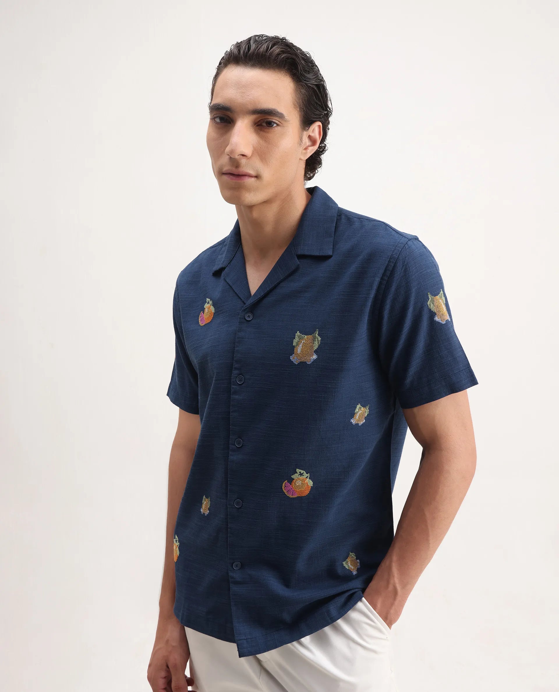 Rare Rabbit Men's Axels Navy Cotton Blend Embroidered Relaxed Fit Half Sleeve Cuban Collar Shirt