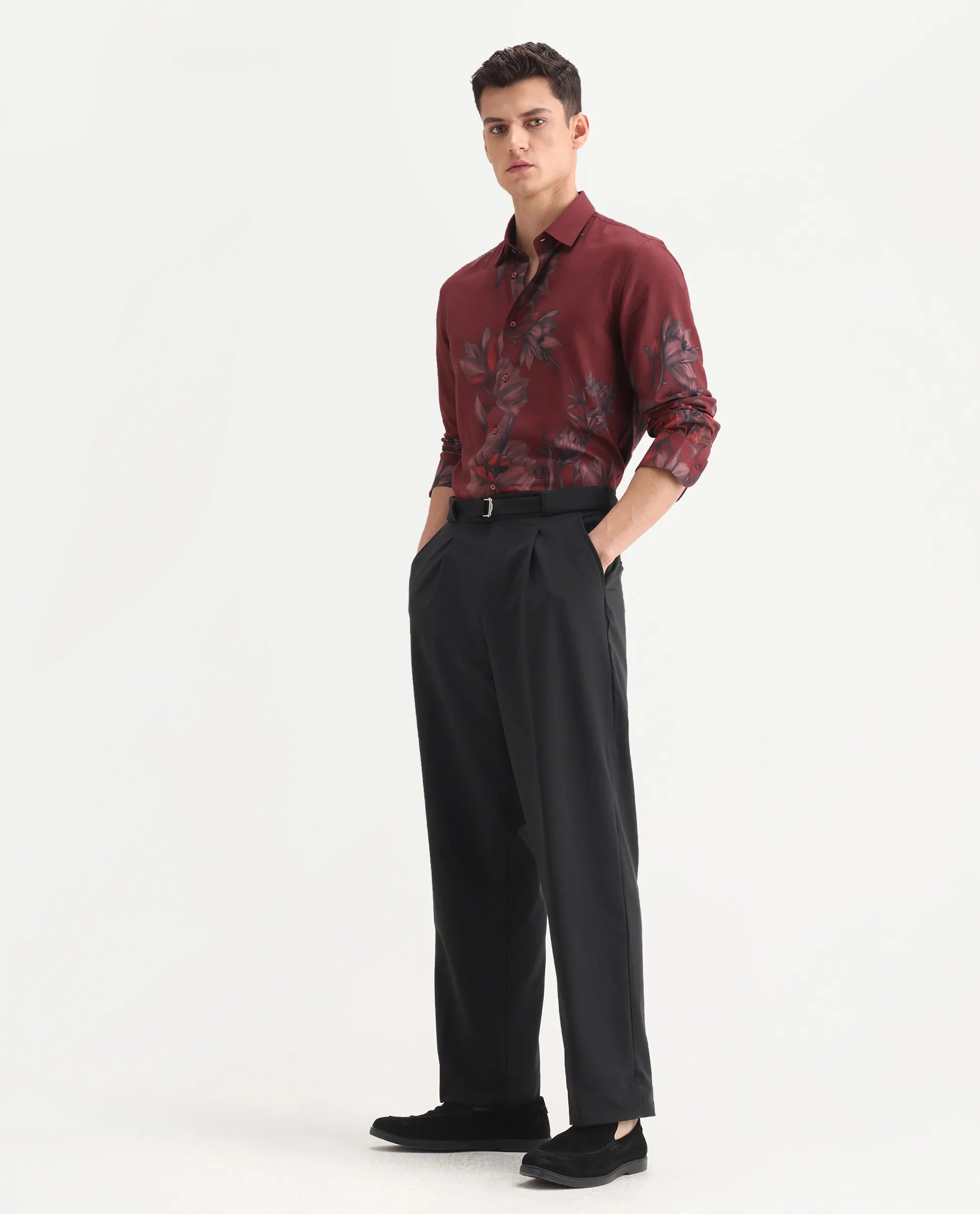 Rare Rabbit Men's Axie Black Cotton Blend Plain Wide Leg Trouser