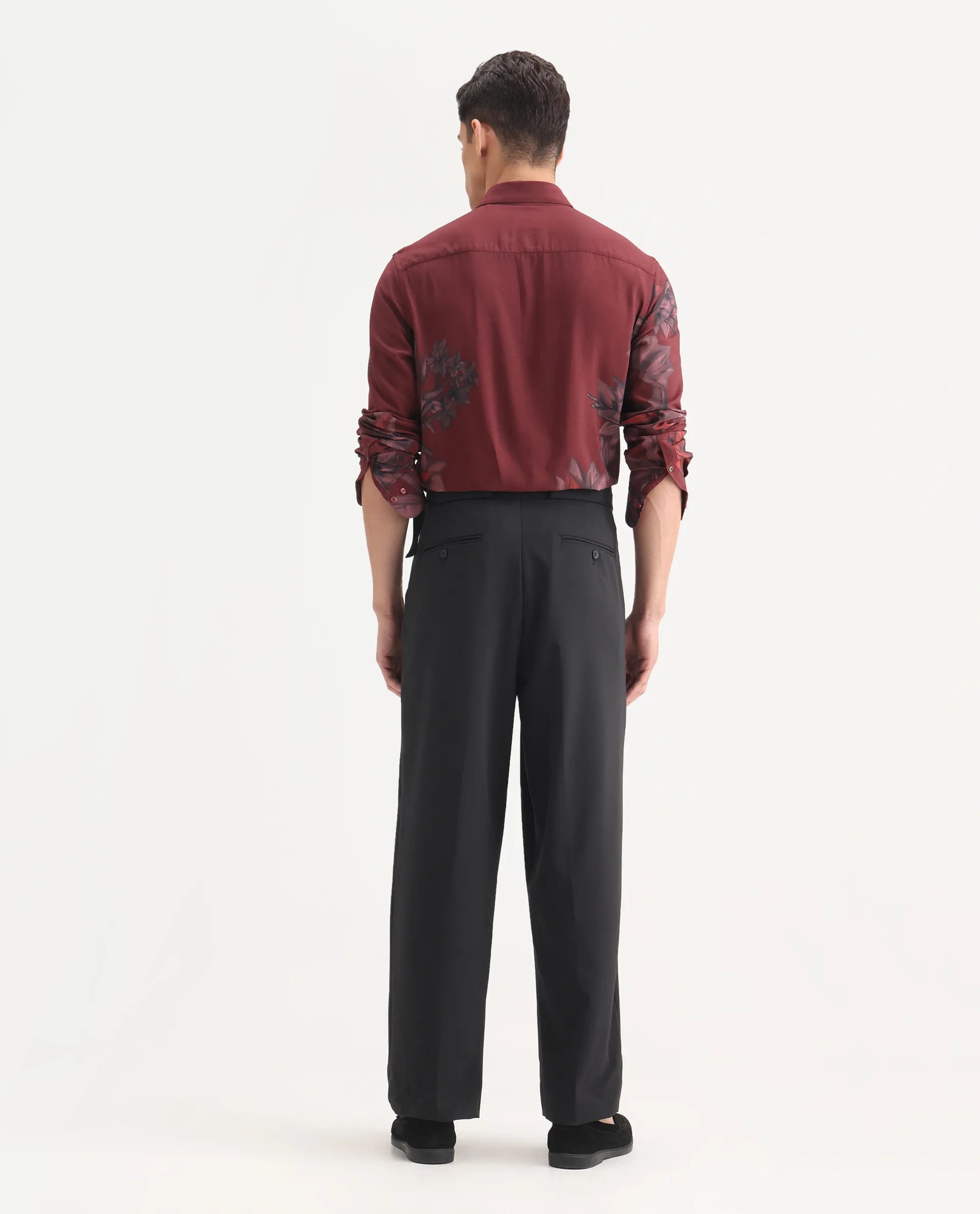 Rare Rabbit Men's Axie Black Cotton Blend Plain Wide Leg Trouser