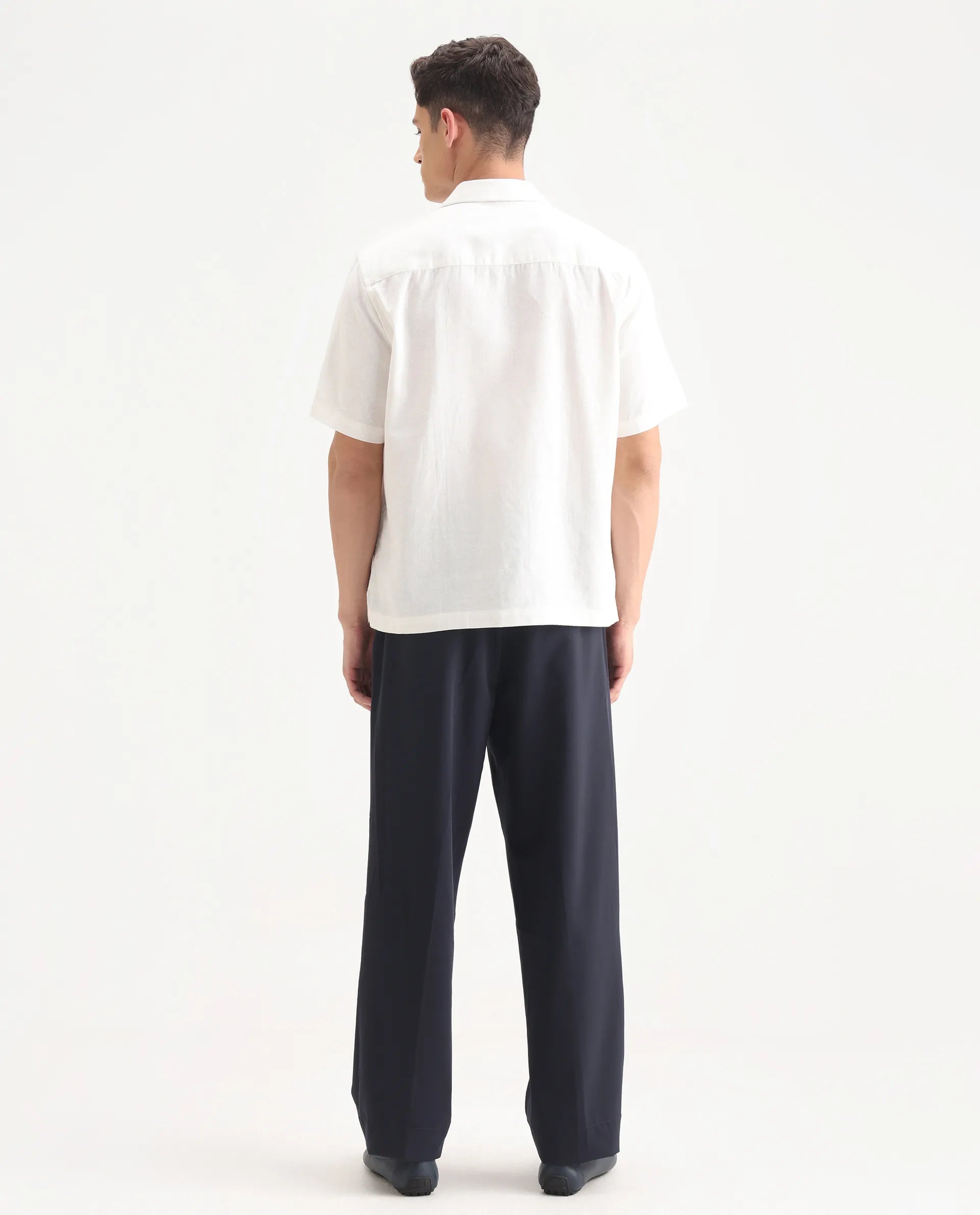 Rare Rabbit Men's Axie Navy Cotton Blend Plain Wide Leg Trouser