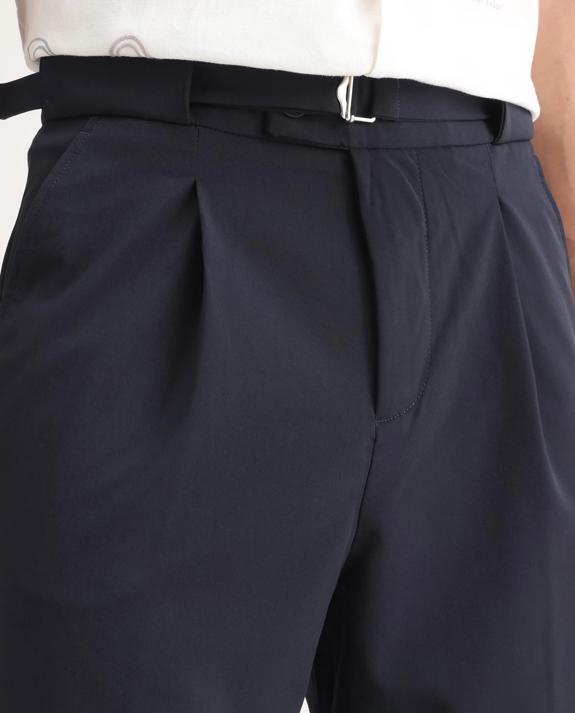 Rare Rabbit Men's Axie Navy Cotton Blend Plain Wide Leg Trouser