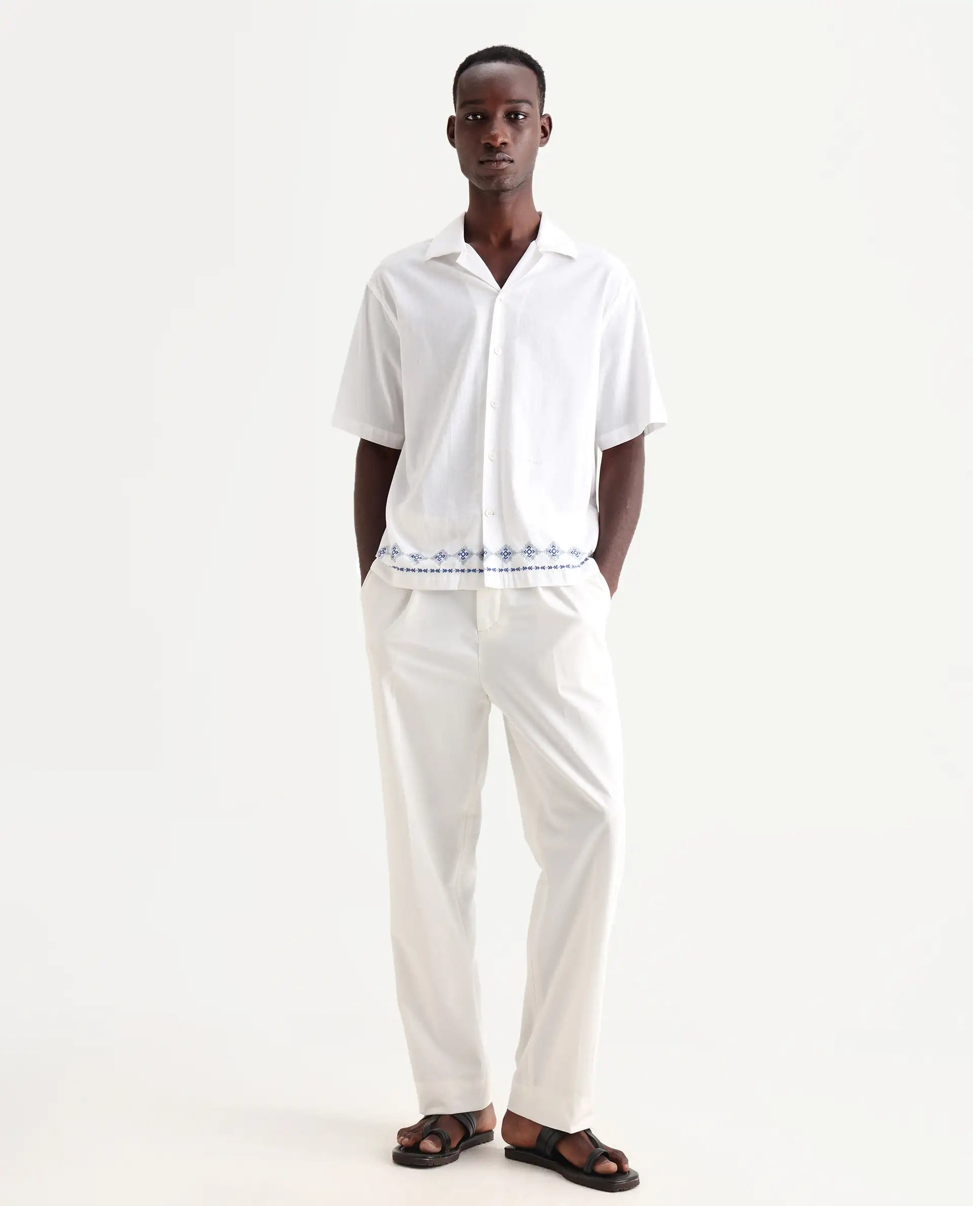 Rare Rabbit Men's Axie White Cotton Blend Plain Wide Leg Trouser