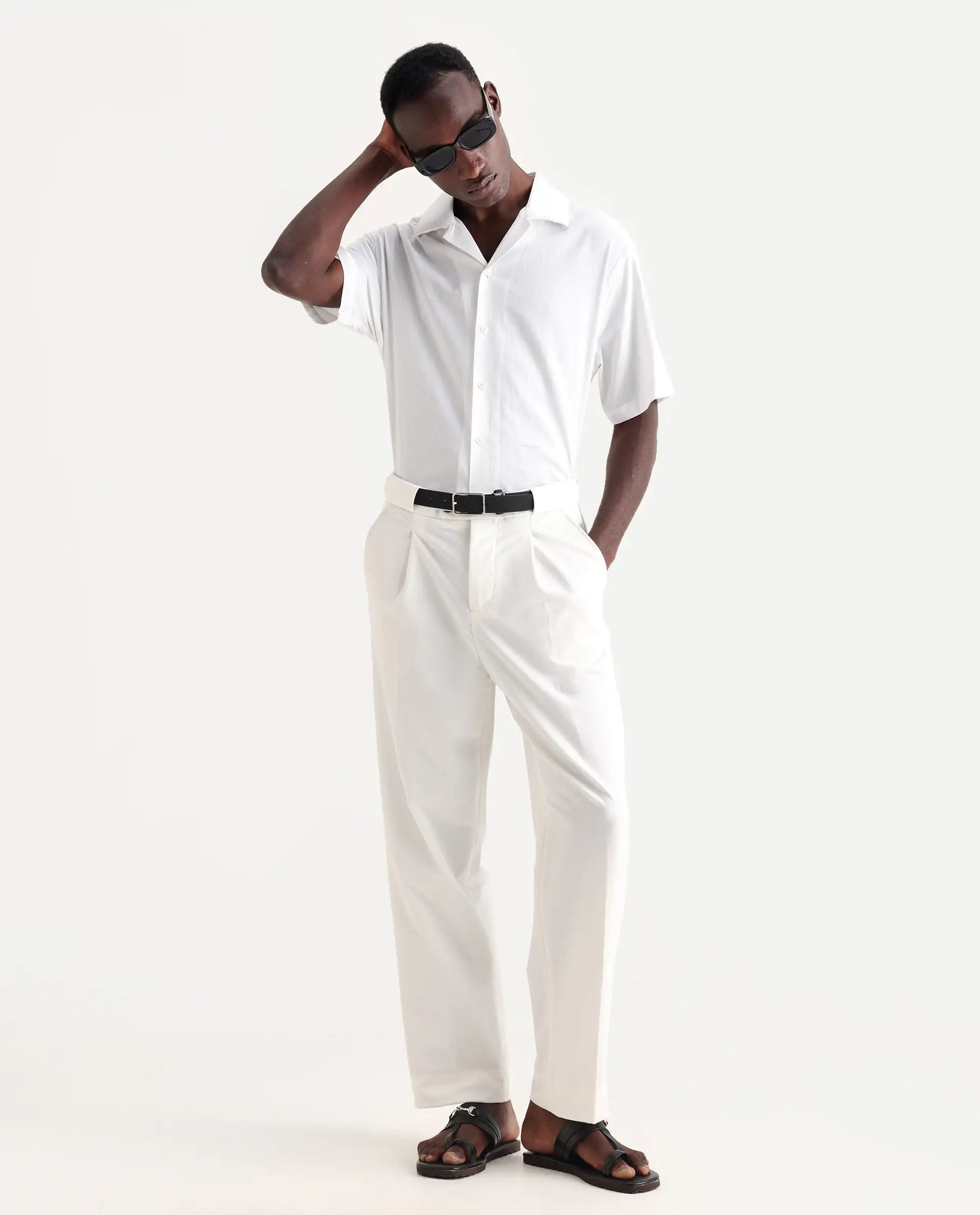 Rare Rabbit Men's Axie White Cotton Blend Plain Wide Leg Trouser