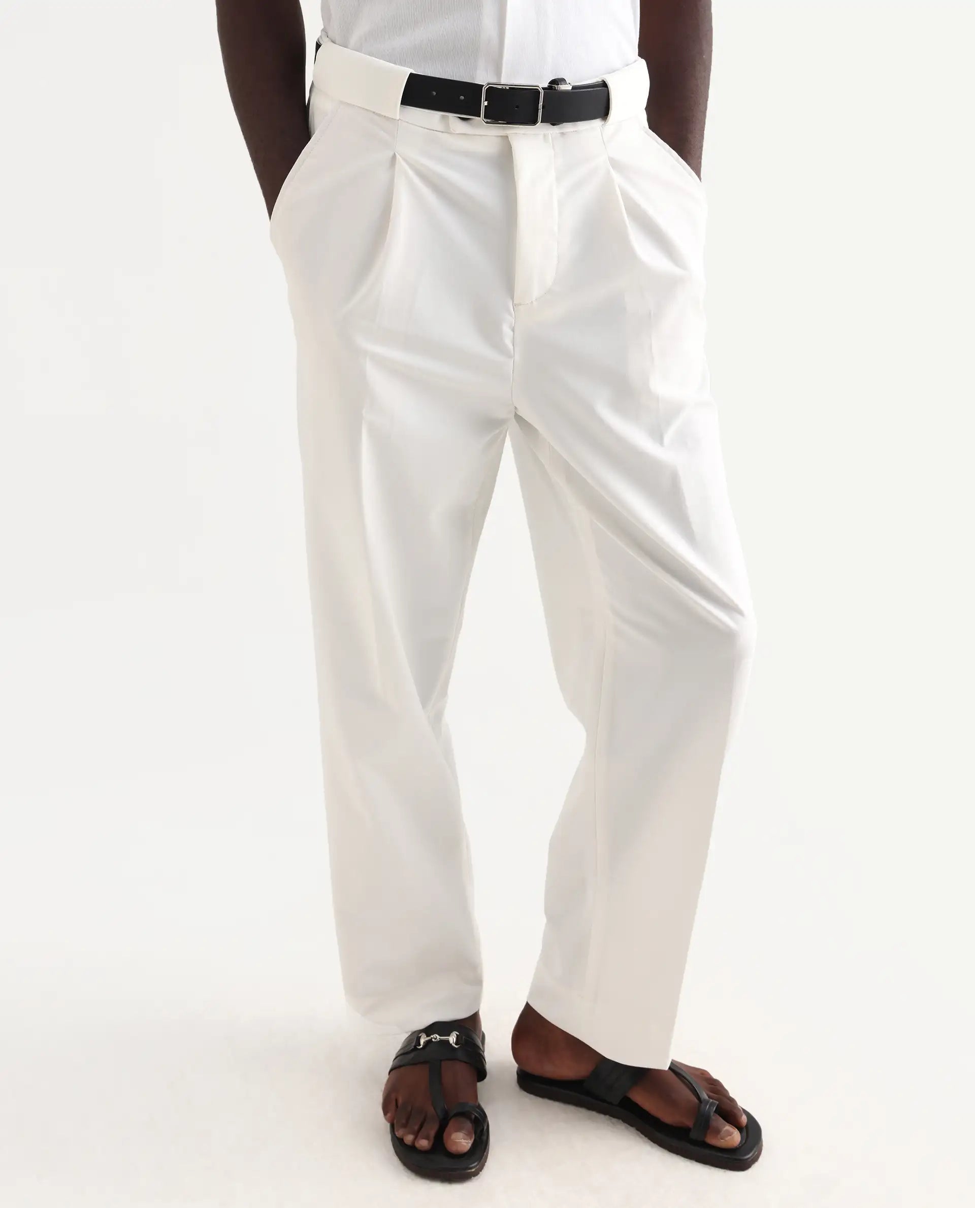 Rare Rabbit Men's Axie White Cotton Blend Plain Wide Leg Trouser