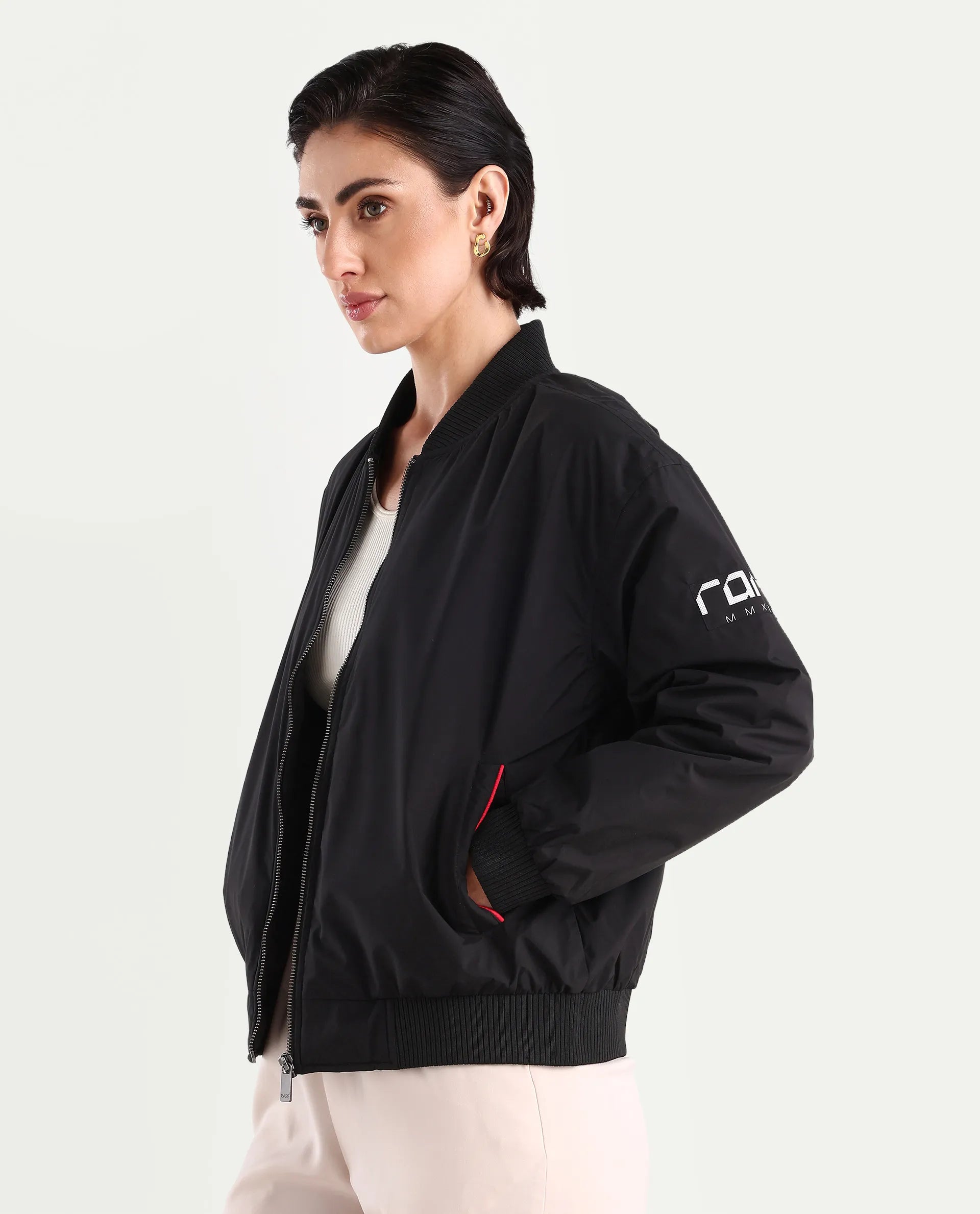 Rareism Women's Axley Black Polyester High Neck Printed Relaxed Fit Jacket