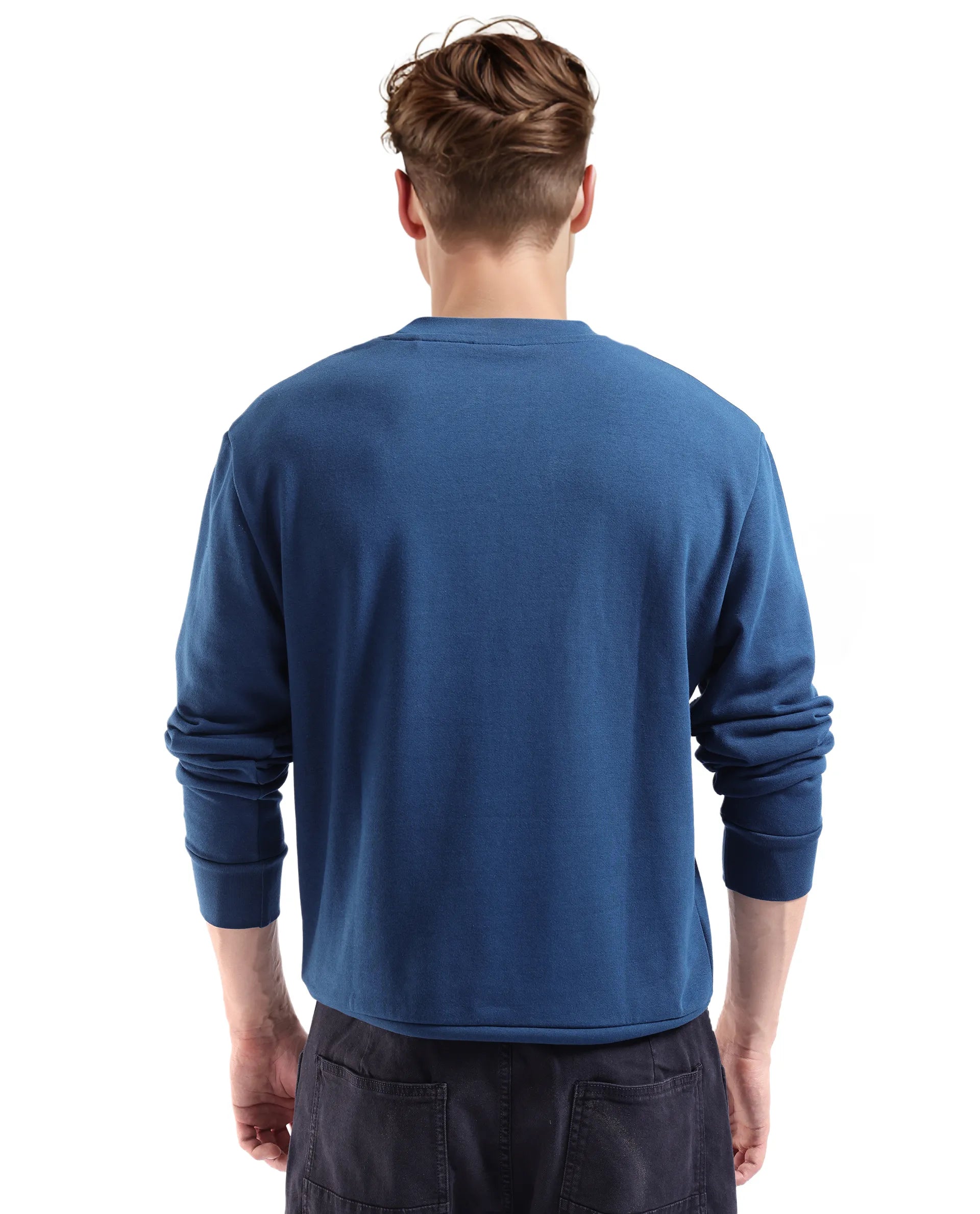 Rare Rabbit Men's Axton Dark Blue Cotton Blend Fabric Full Sleeve Crew Neck Regular Fit HD Print Sweatshirt