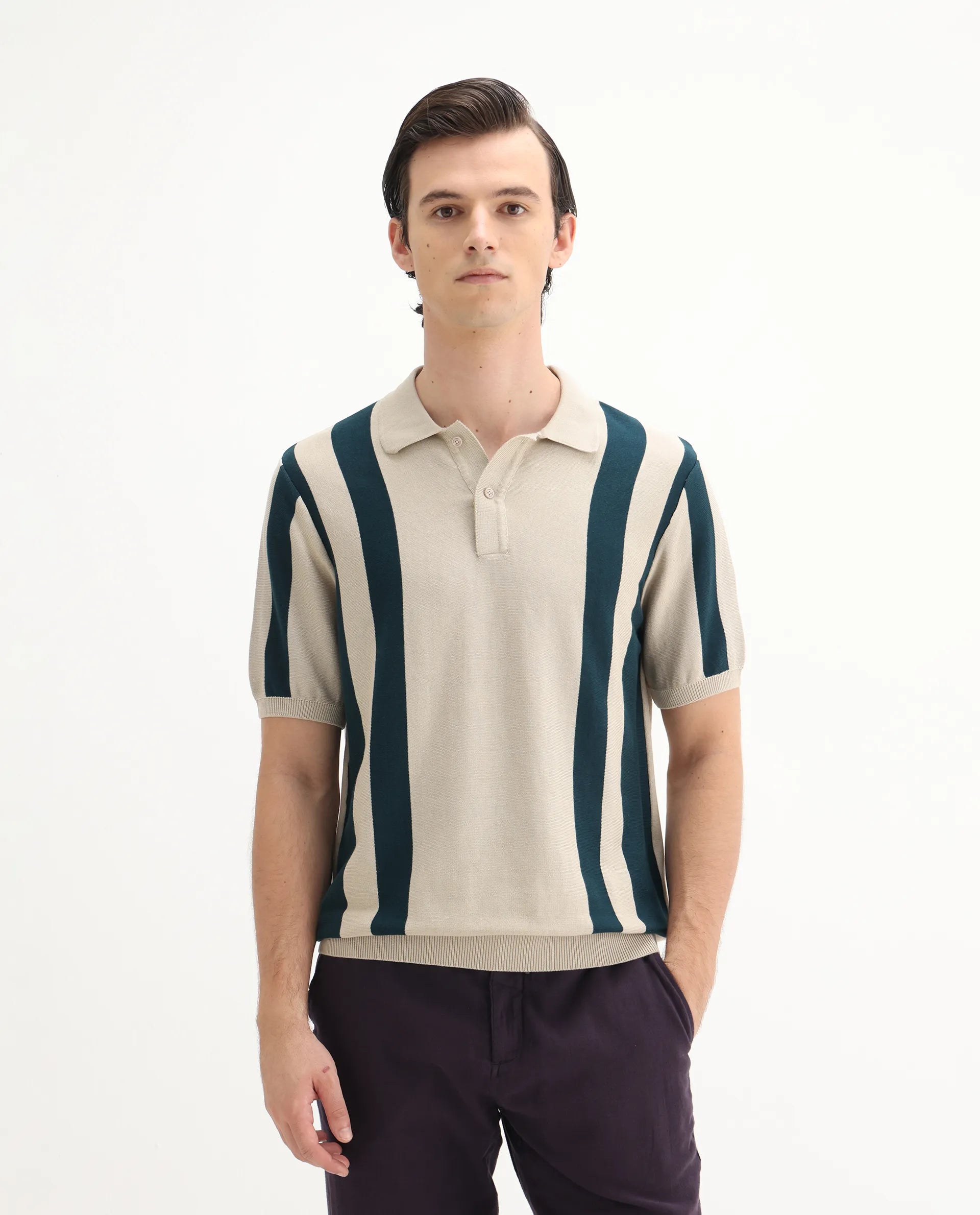 Rare Rabbit Men's Axton Light Beige Cotton Striped Print Regular Fit Half Sleeve Polo