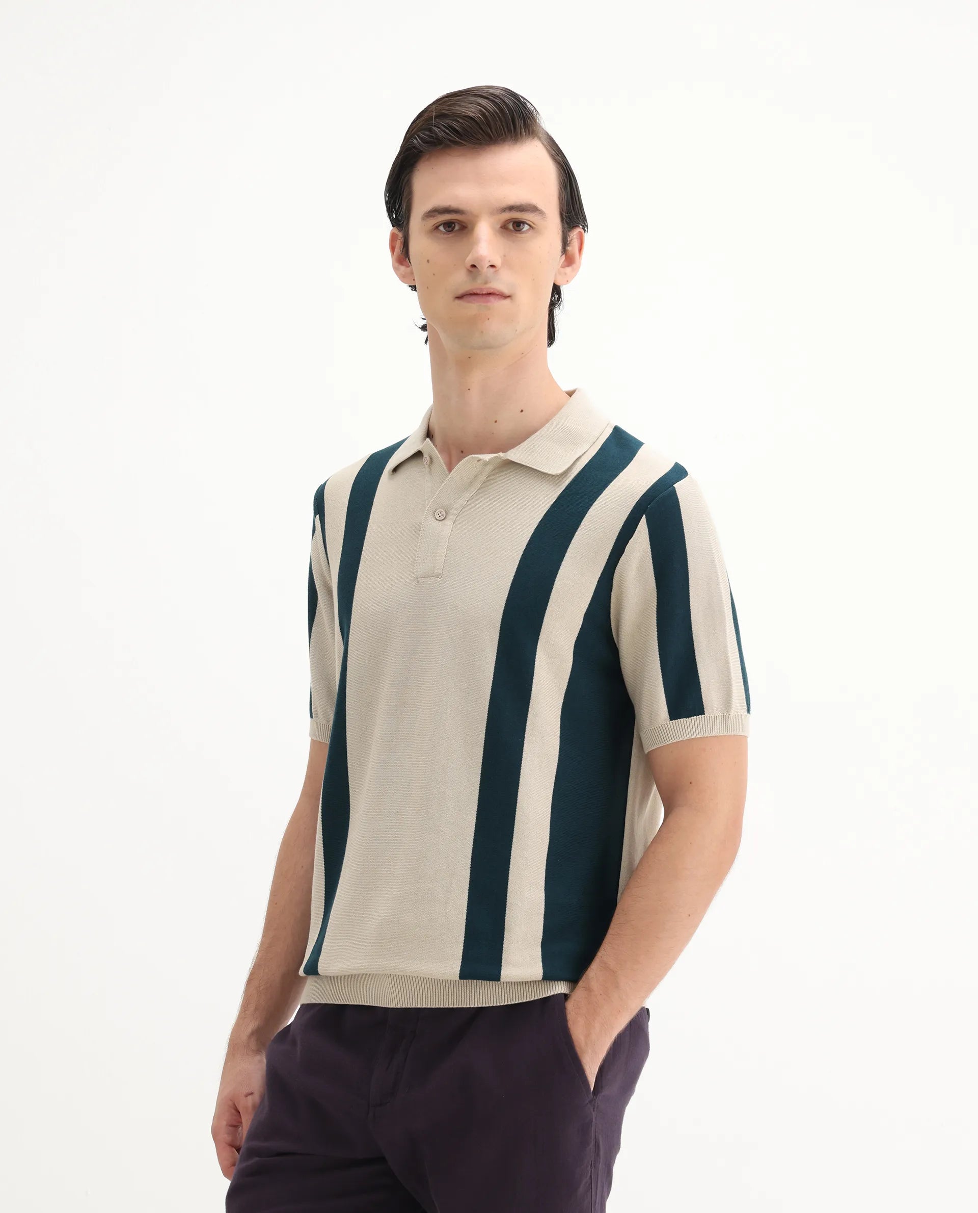 Rare Rabbit Men's Axton Light Beige Cotton Striped Print Regular Fit Half Sleeve Polo