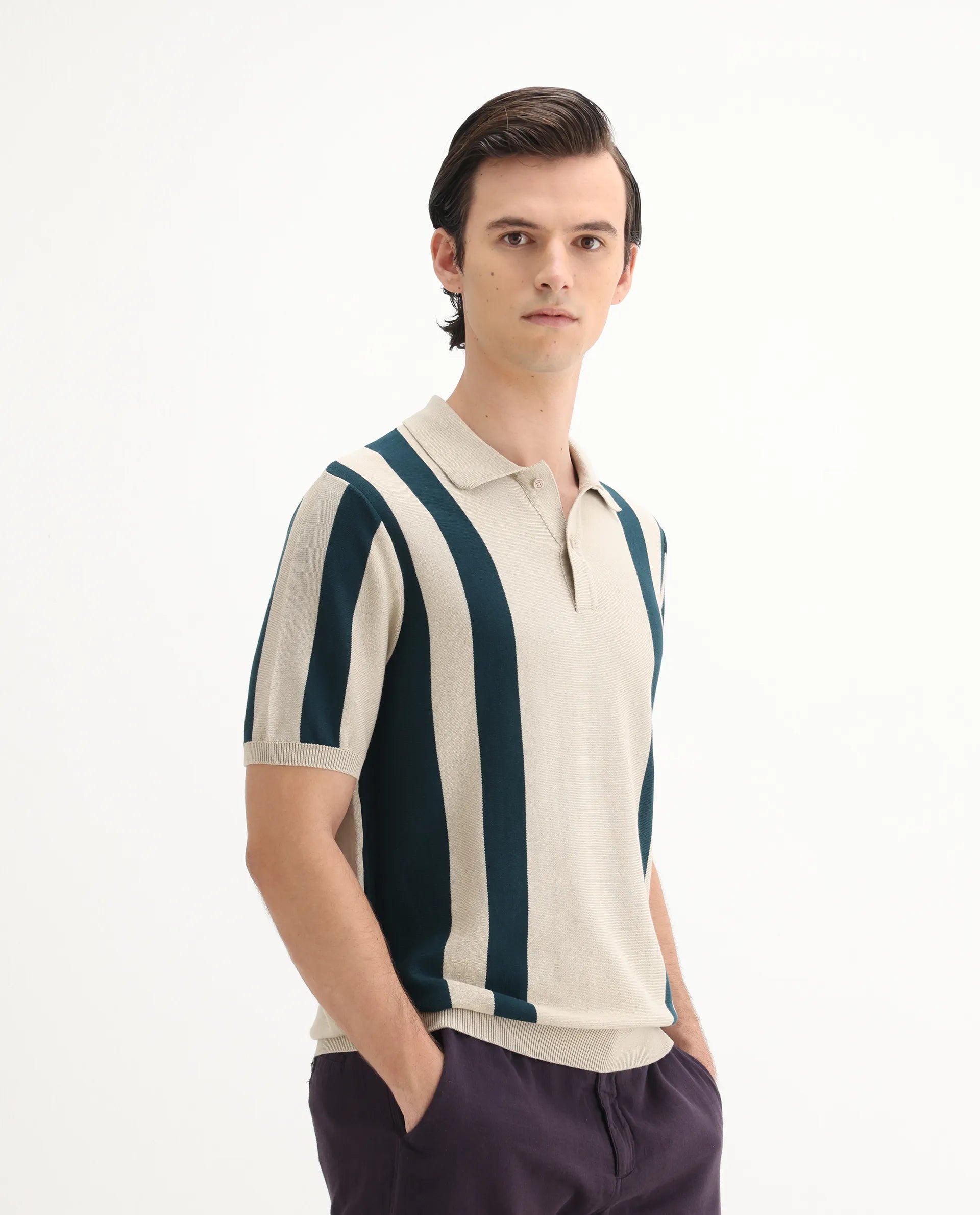 Rare Rabbit Men's Axton Light Beige Cotton Striped Print Regular Fit Half Sleeve Polo