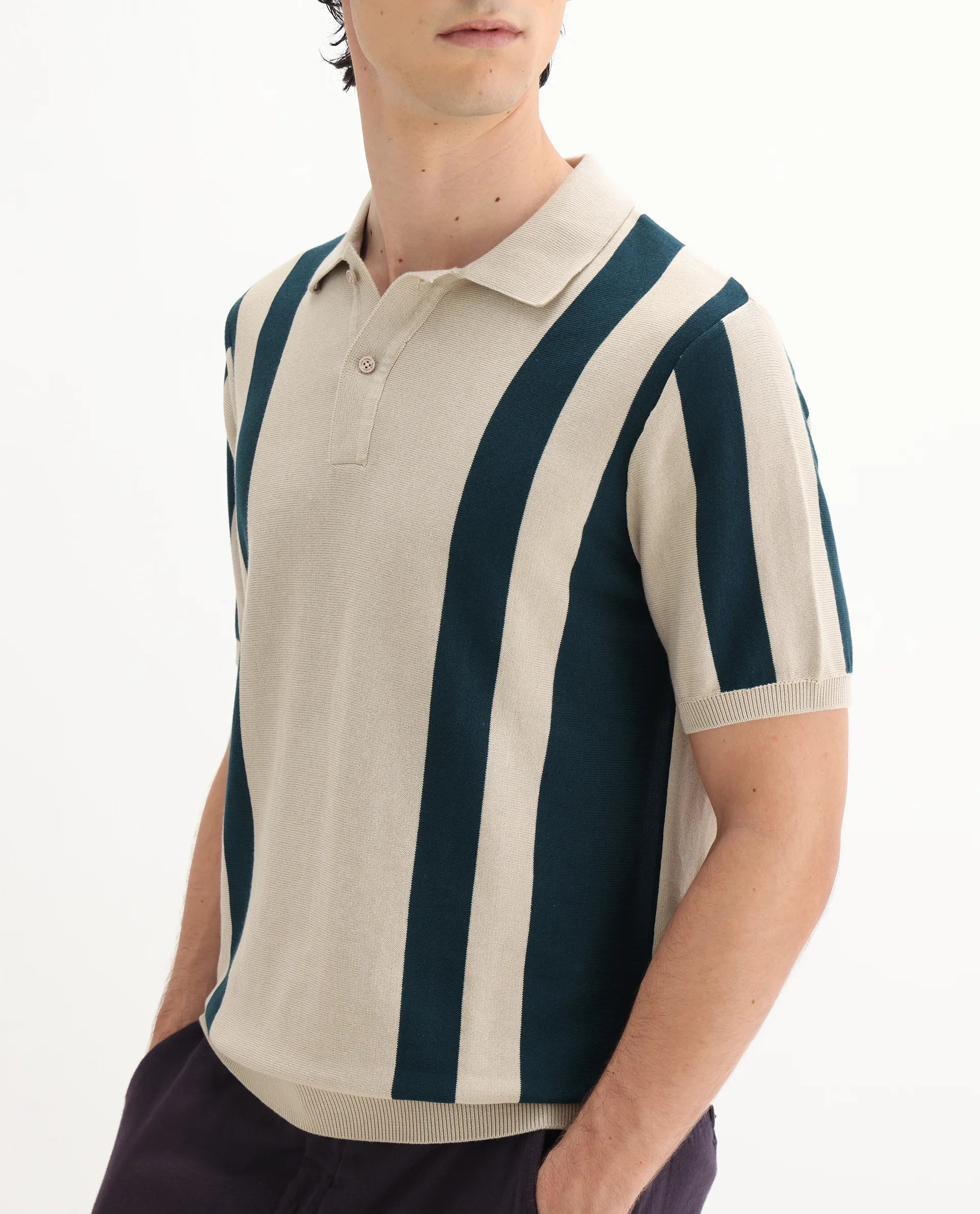 Rare Rabbit Men's Axton Light Beige Cotton Striped Print Regular Fit Half Sleeve Polo
