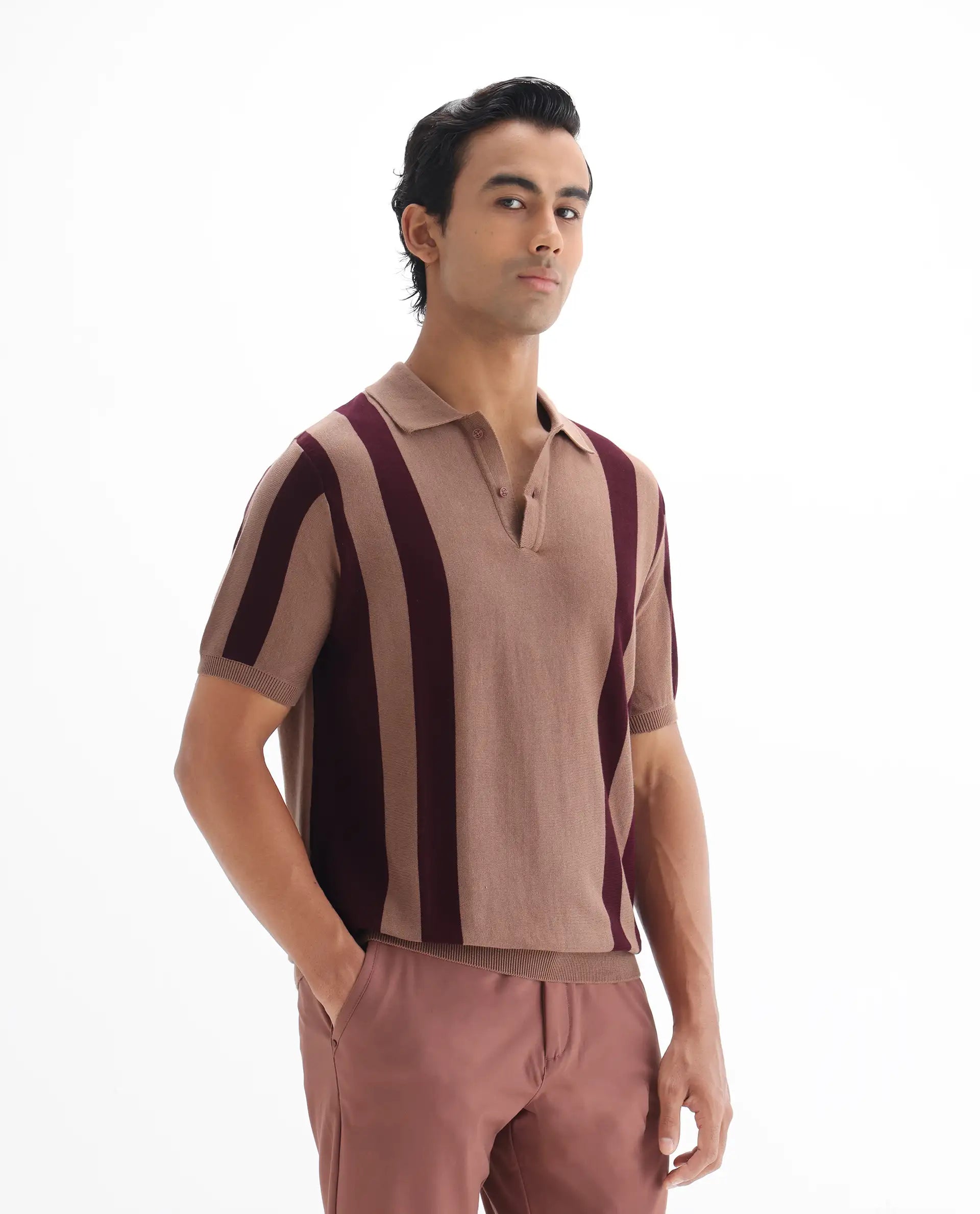 Rare Rabbit Men's Axton Light Brown Cotton Striped Print Regular Fit Half Sleeve Polo