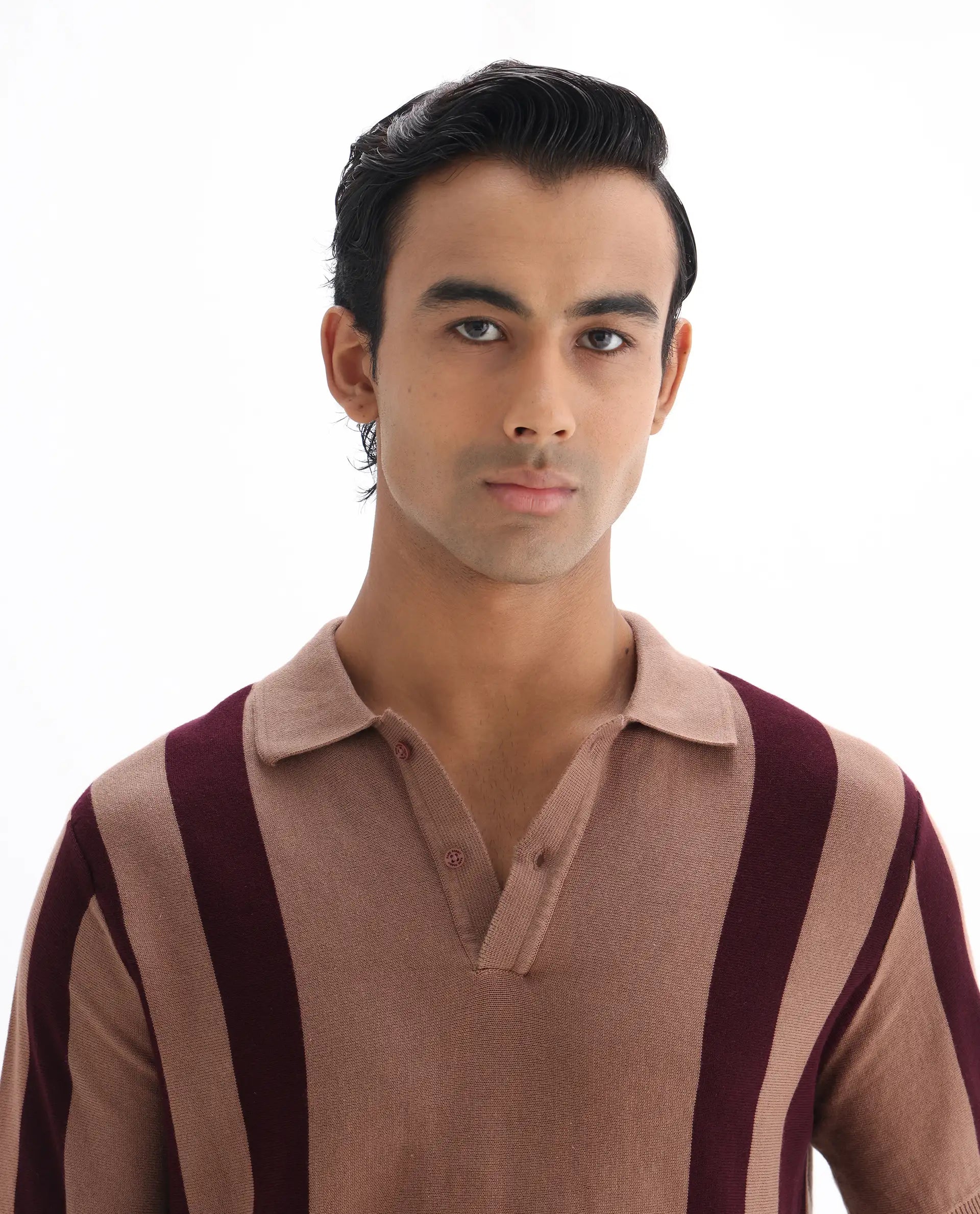 Rare Rabbit Men's Axton Light Brown Cotton Striped Print Regular Fit Half Sleeve Polo