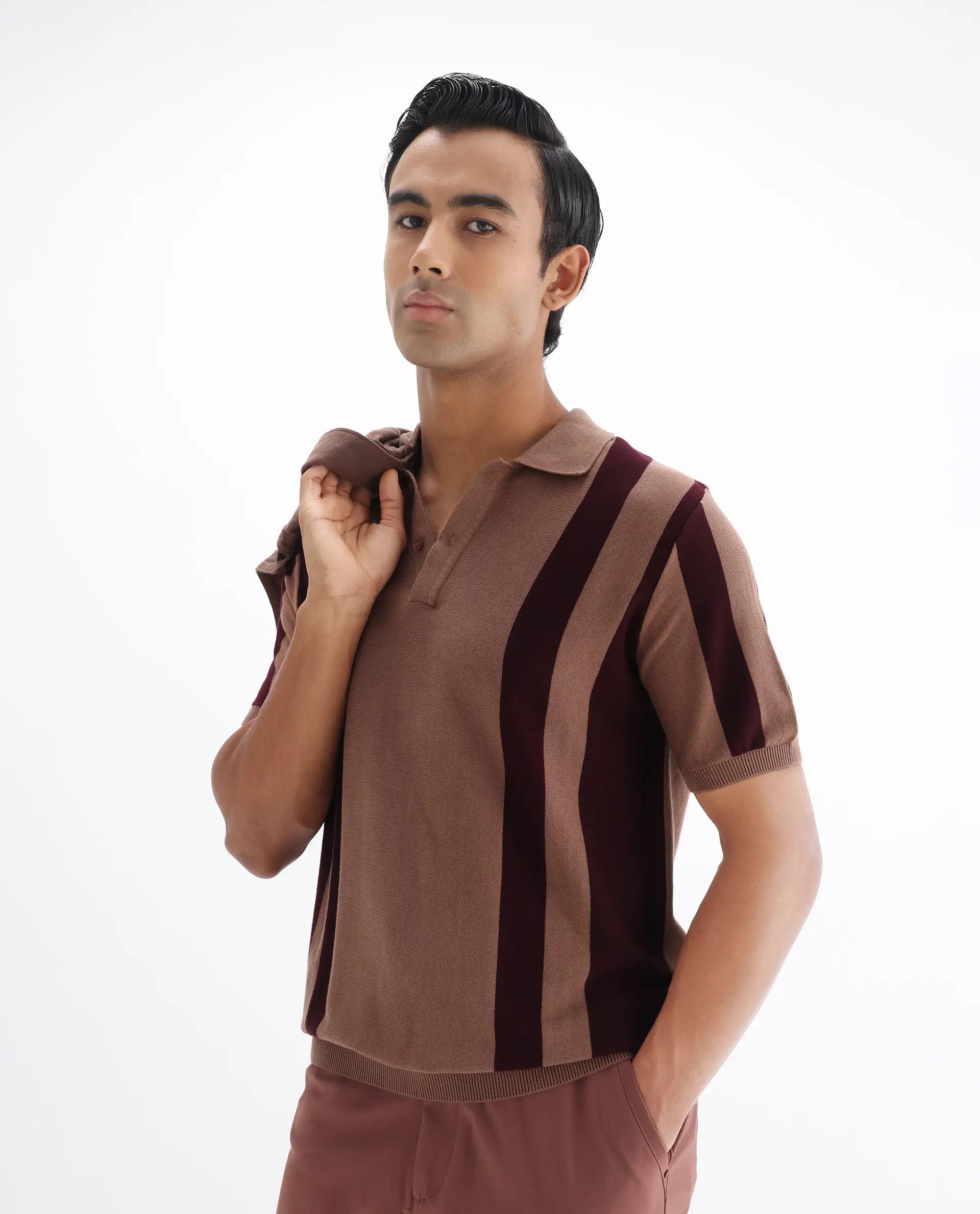 Rare Rabbit Men's Axton Light Brown Cotton Striped Print Regular Fit Half Sleeve Polo
