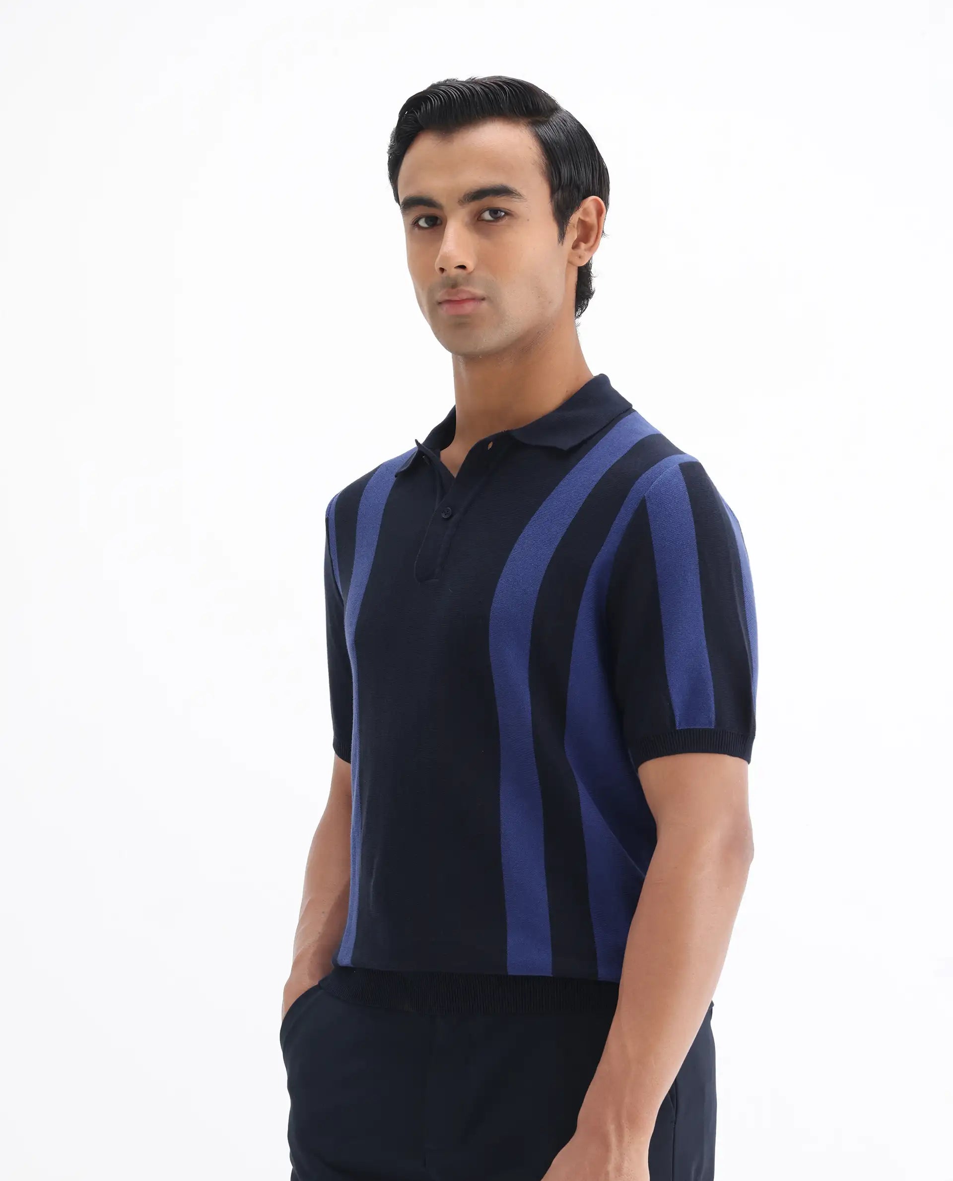 Rare Rabbit Men's Axton Navy Cotton Striped Print Regular Fit Half Sleeve Polo
